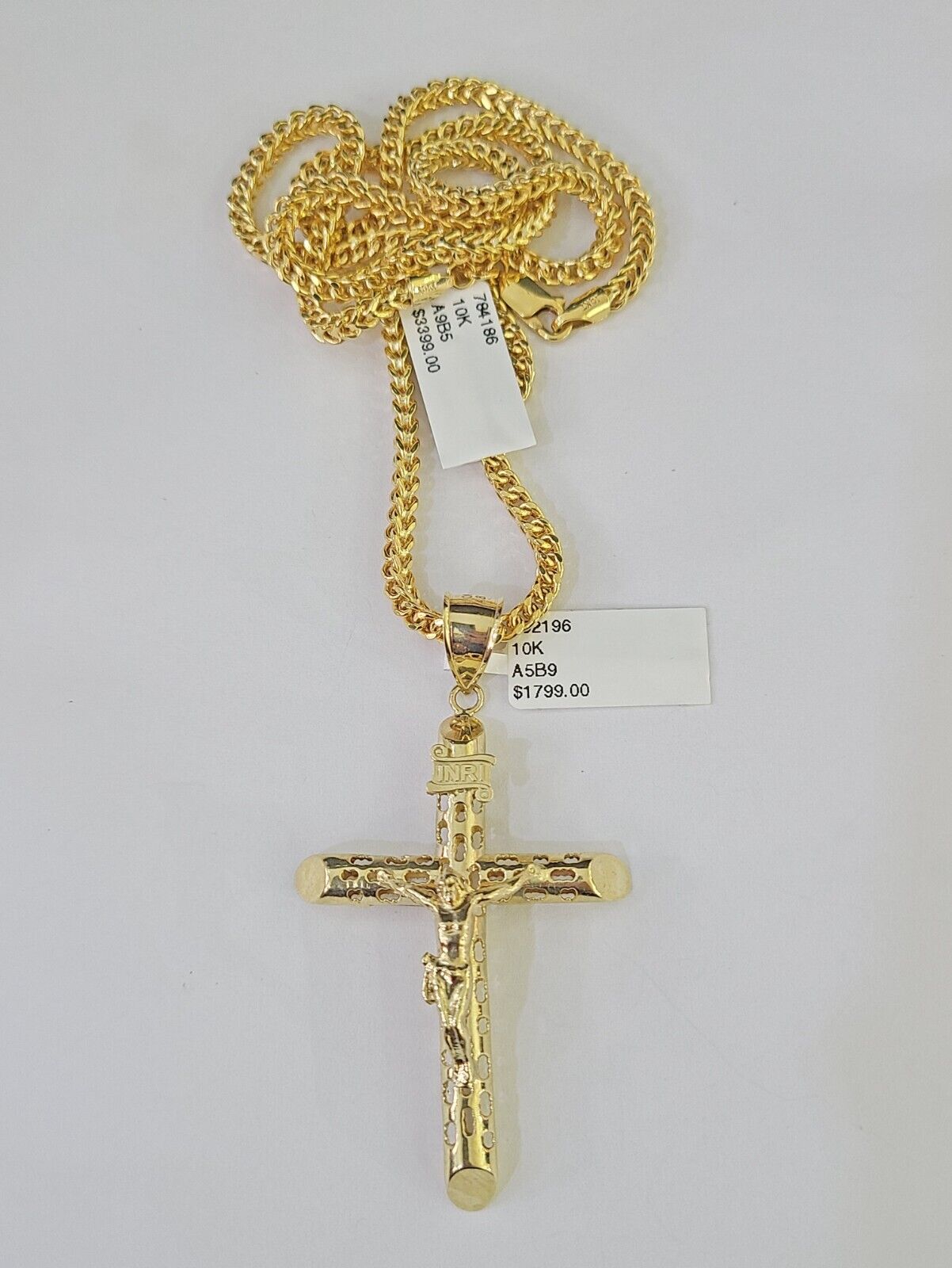 10K Franco Chain INRI Jesus Cross Pendant Charm Necklace 20" - 26" 3mm Gold - GoldenlinQ