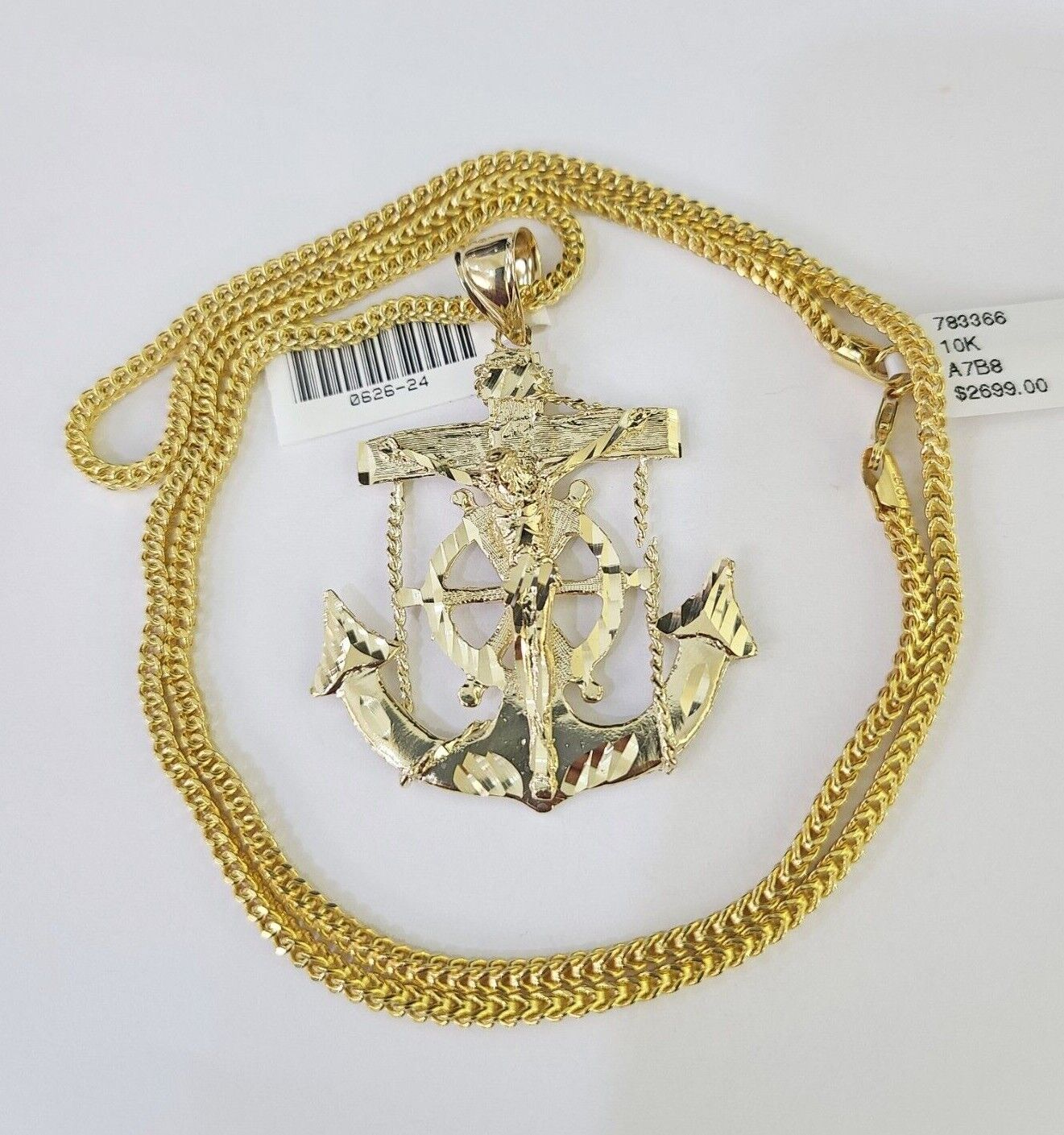 10K Franco Chain Jesus Anchor Pendant Charm Necklace 20" - 26" 2.5mm Yellow Gold - GoldenlinQ