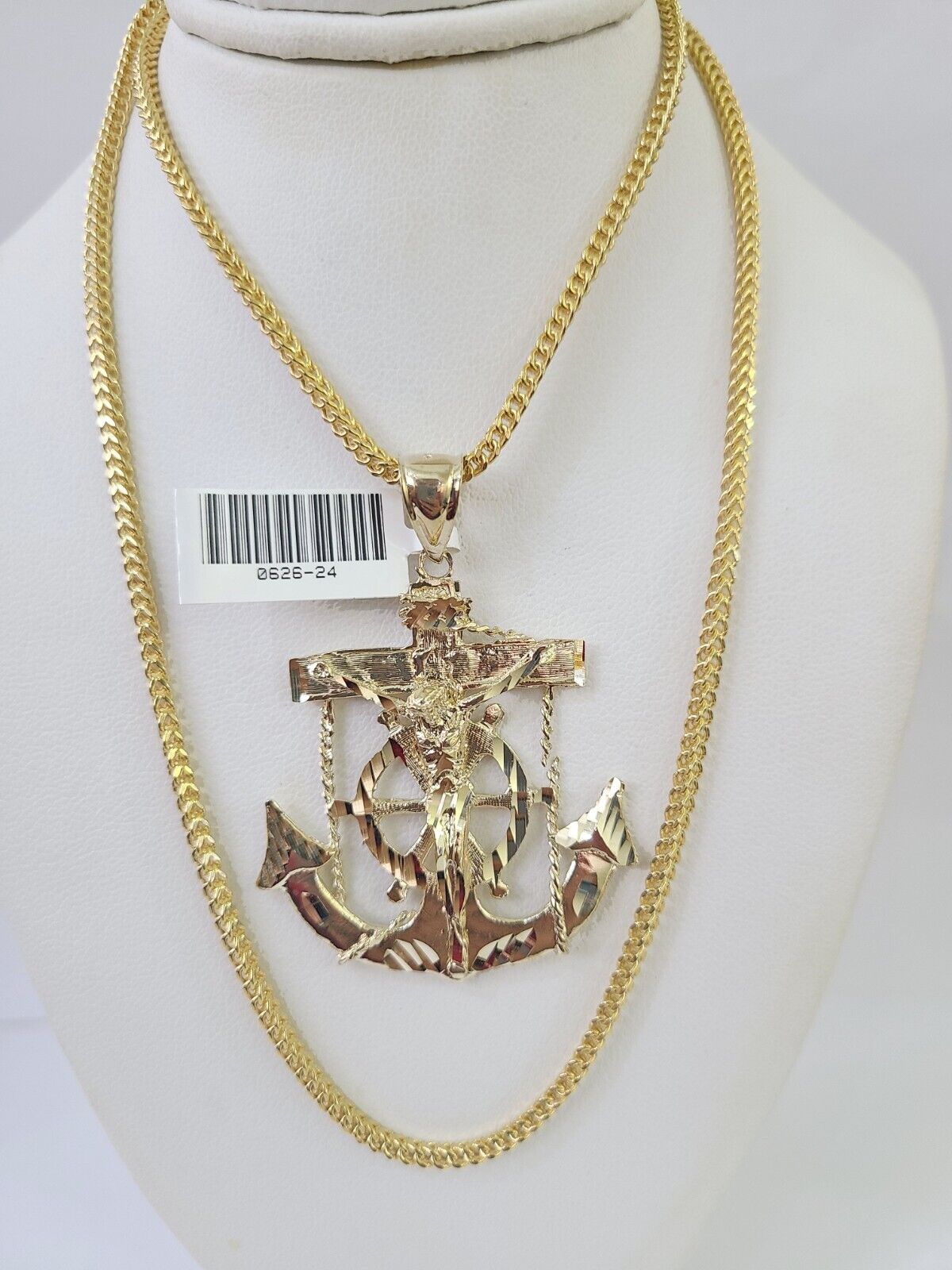 10K Franco Chain Jesus Anchor Pendant Charm Necklace 20" - 26" 2.5mm Yellow Gold - GoldenlinQ