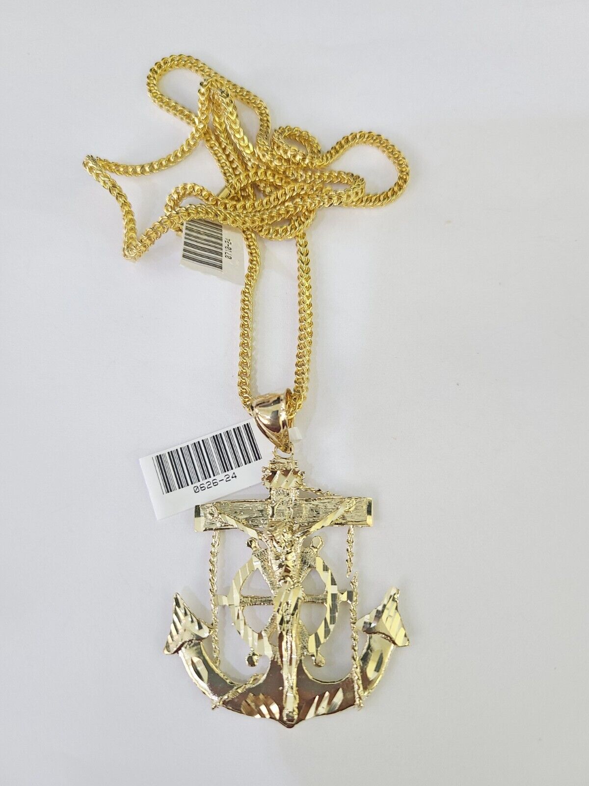 10K Franco Chain Jesus Anchor Pendant Charm Necklace 20" - 26" 2.5mm Yellow Gold - GoldenlinQ