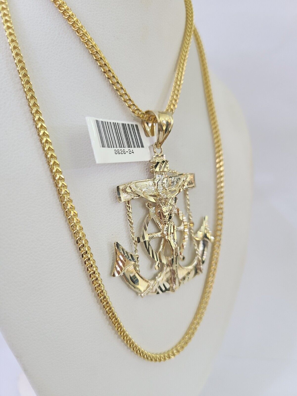 10K Franco Chain Jesus Anchor Pendant Charm Necklace 20" - 26" 2.5mm Yellow Gold - GoldenlinQ