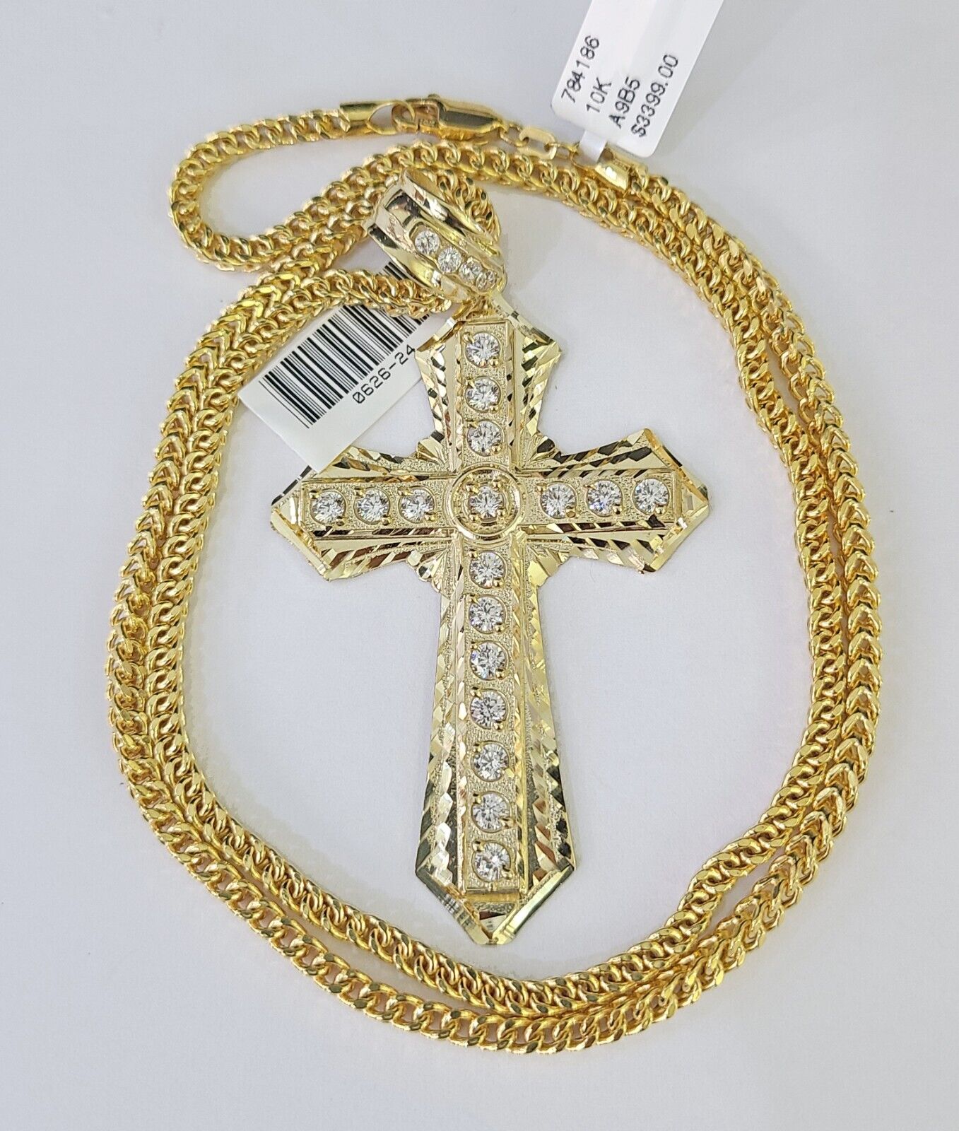 10K Franco Chain Jesus Cross Pendant Charm Necklace 20" - 26" 3mm Gold - GoldenlinQ