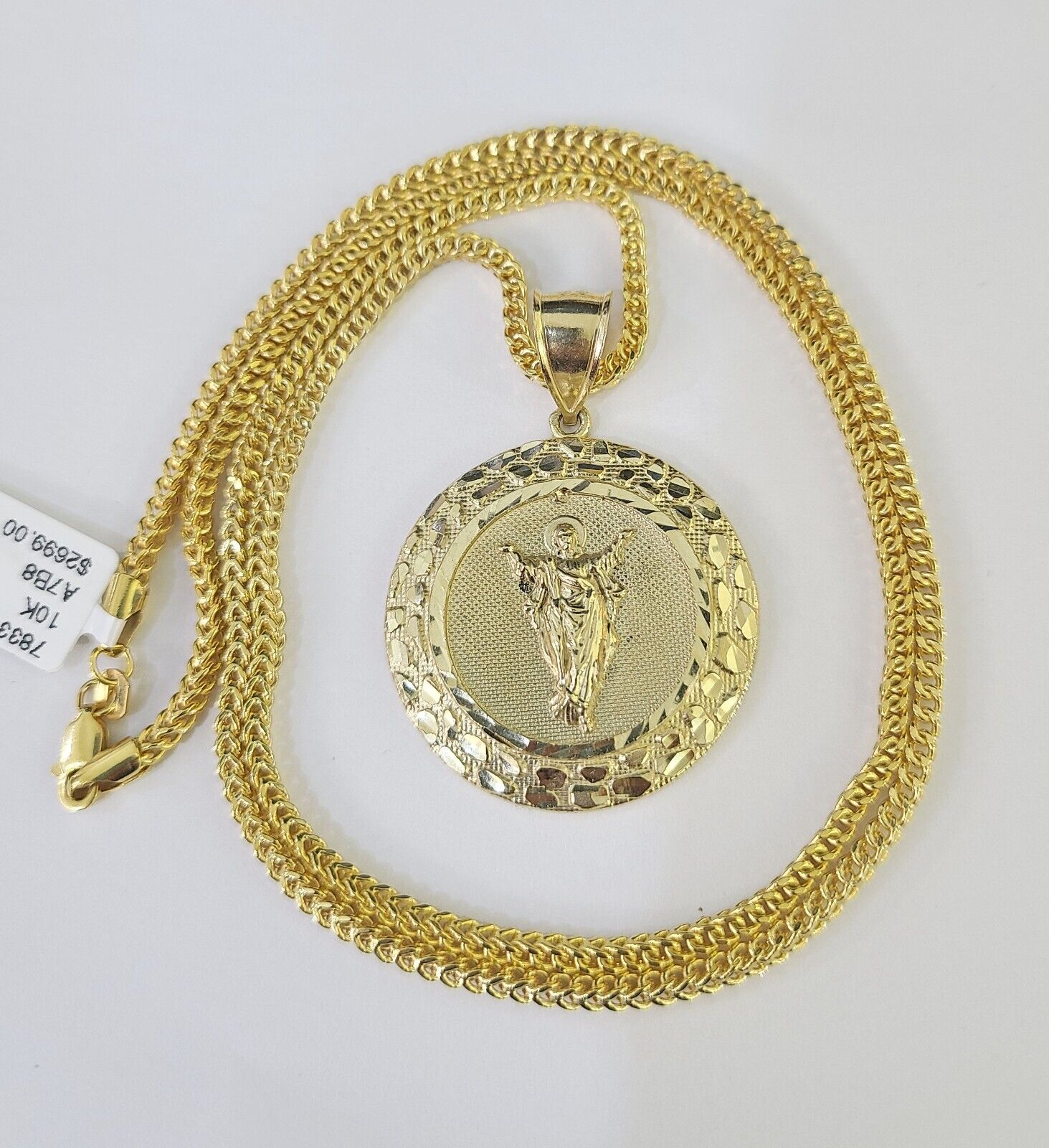 10K Franco Chain Jesus Pendant Charm Necklace 20" - 26" 2.5mm Yellow Gold - GoldenlinQ