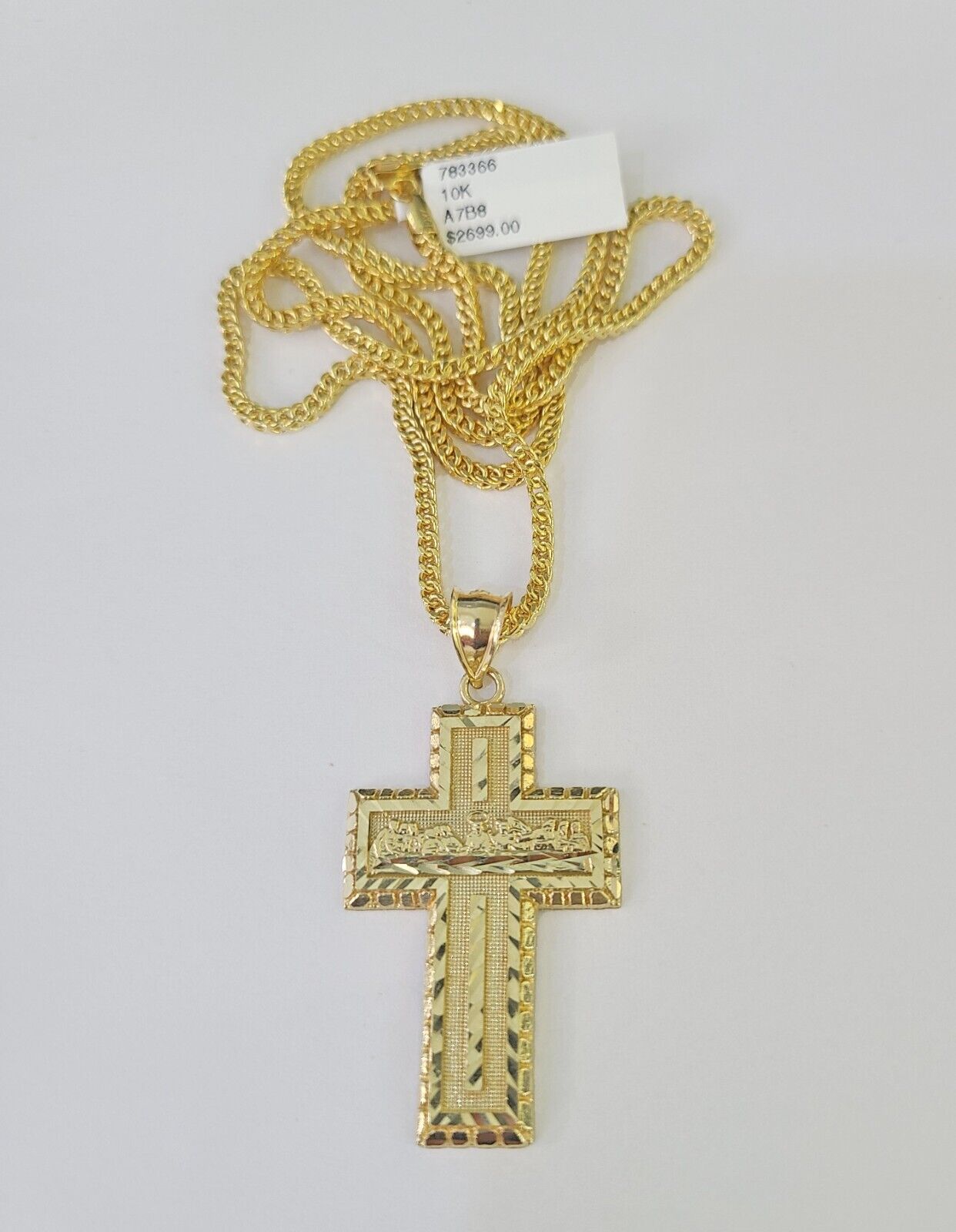 10K Franco Chain Last Supper Cross Pendant Charm Necklace 20" - 26" 2.5mm Gold - GoldenlinQ