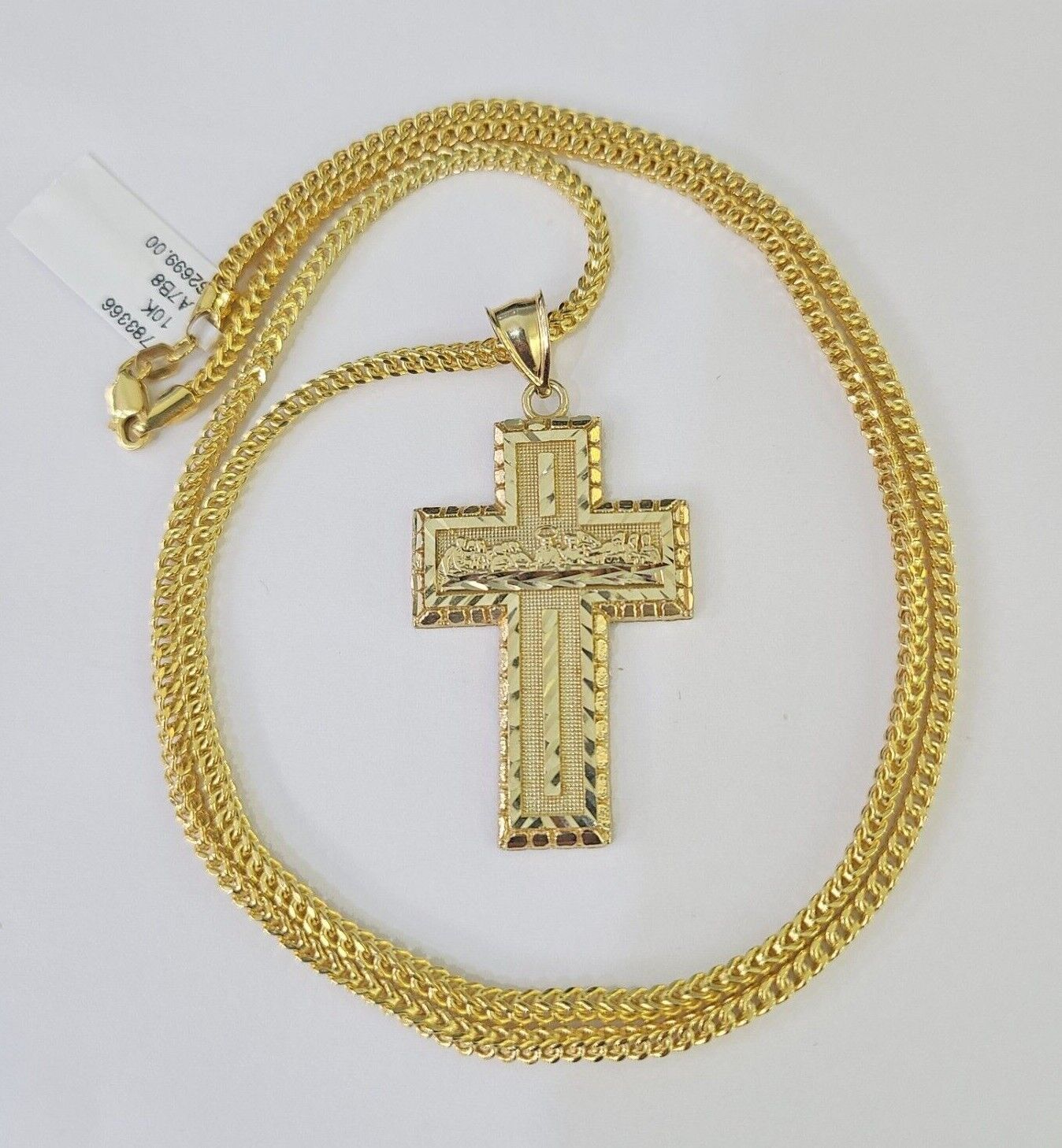 10K Franco Chain Last Supper Cross Pendant Charm Necklace 20" - 26" 2.5mm Gold - GoldenlinQ