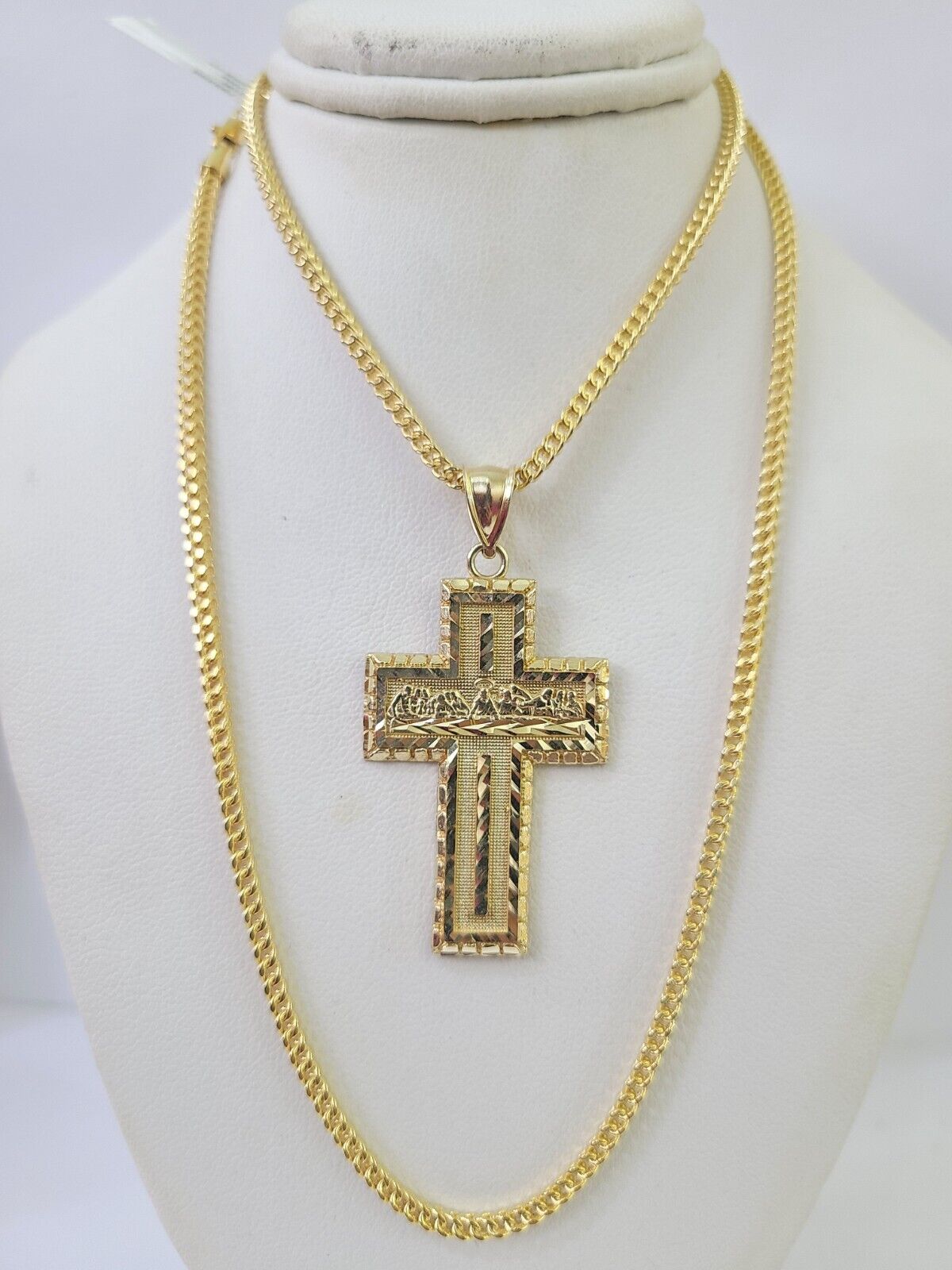 10K Franco Chain Last Supper Cross Pendant Charm Necklace 20" - 26" 2.5mm Gold - GoldenlinQ