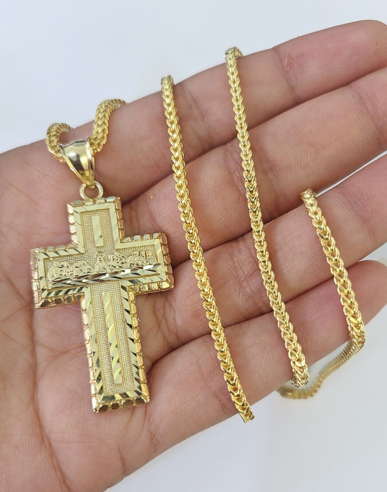 10K Franco Chain Last Supper Cross Pendant Charm Necklace 20" - 26" 2.5mm Gold - GoldenlinQ