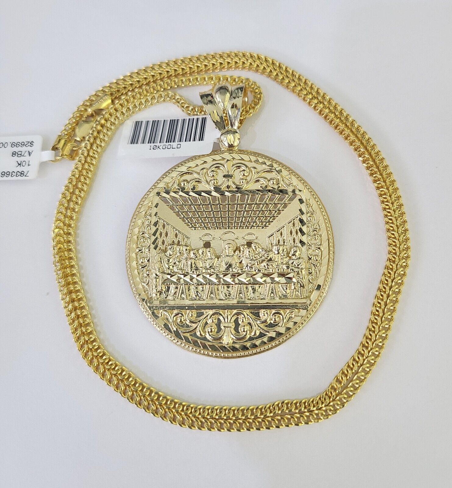 10K Franco Chain Last supper Pendant Charm Necklace 20" - 26" 2.5mm Yellow Gold - GoldenlinQ