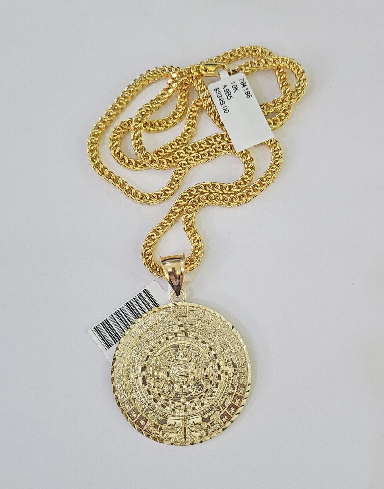 10K Franco Chain Mayan Calendar Pendant Charm Necklace 20" - 26" 3mm Gold Yellow - GoldenlinQ