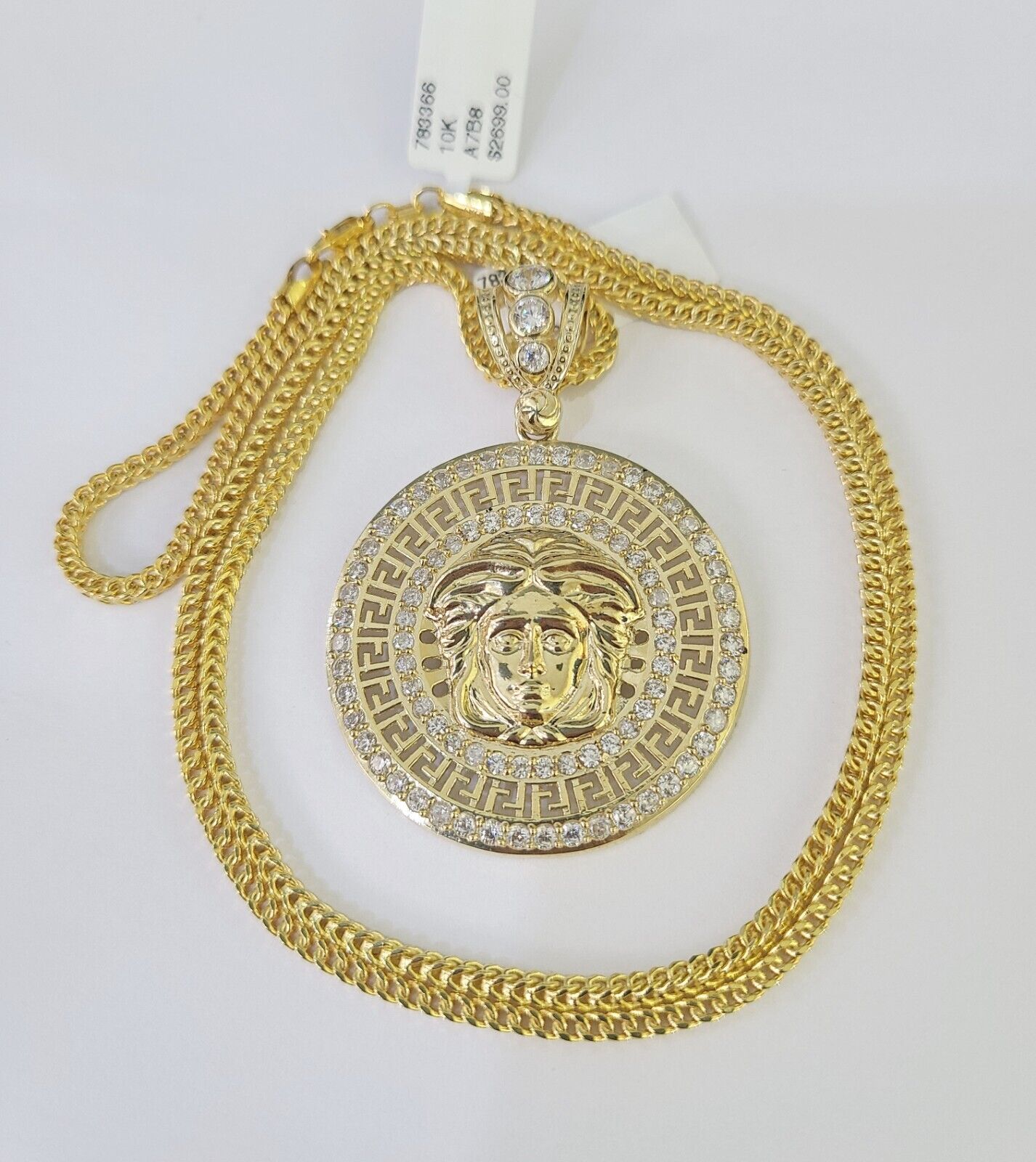 10K Franco Chain Medusa Head Pendant Charm Necklace 20" - 26" 2.5mm Yellow Gold - GoldenlinQ