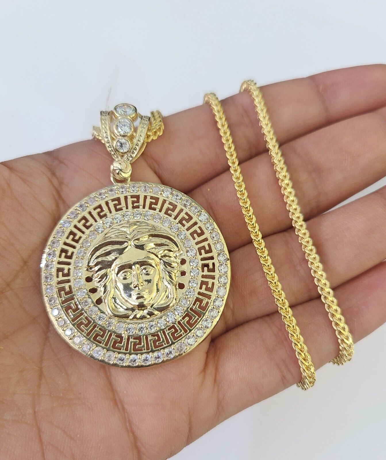 10K Franco Chain Medusa Head Pendant Charm Necklace 20" - 26" 2.5mm Yellow Gold - GoldenlinQ