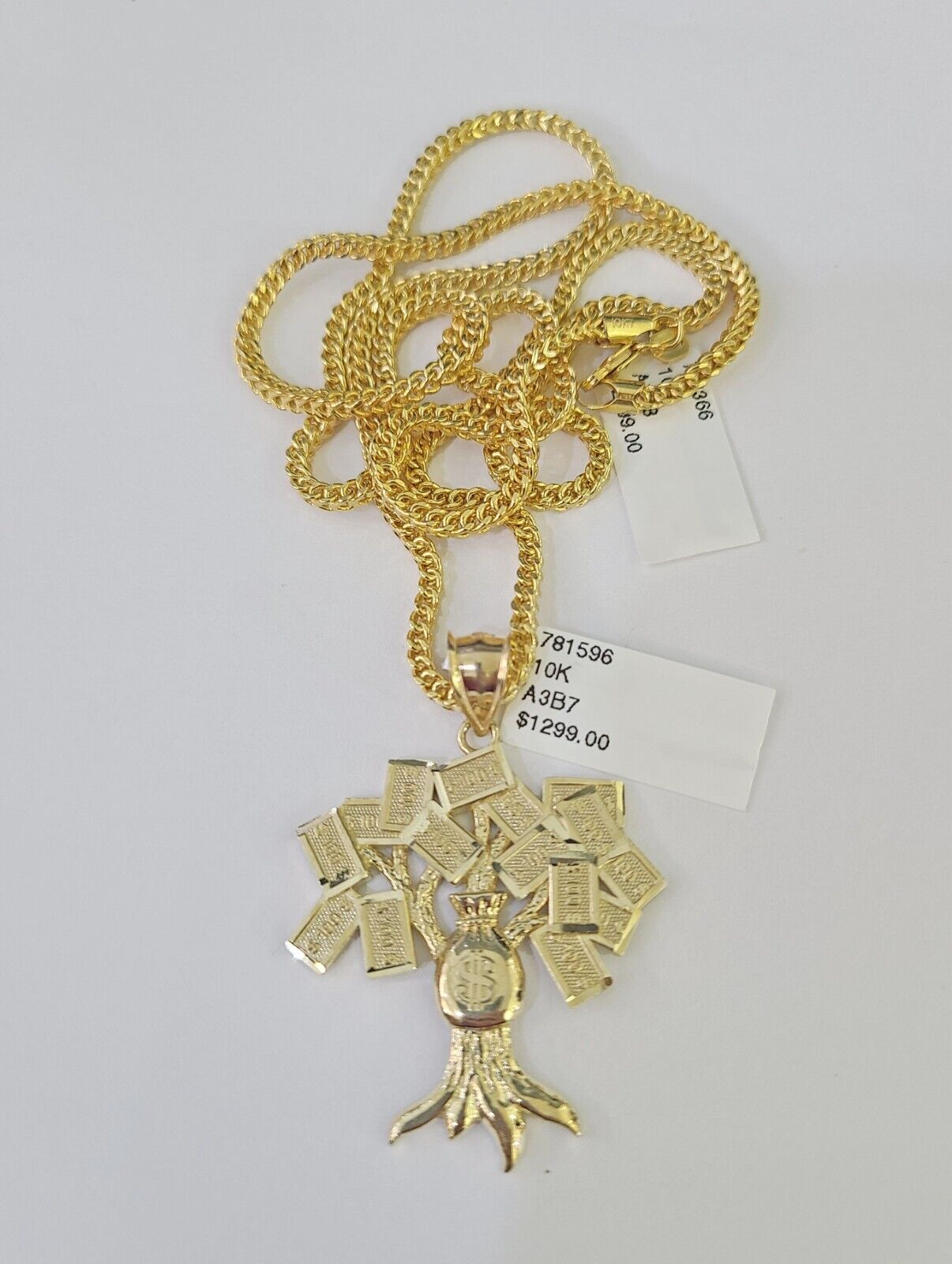 10K Franco Chain Money Tree Pendant Charm Necklace 20" - 26" 2.5mm Yellow Gold - GoldenlinQ