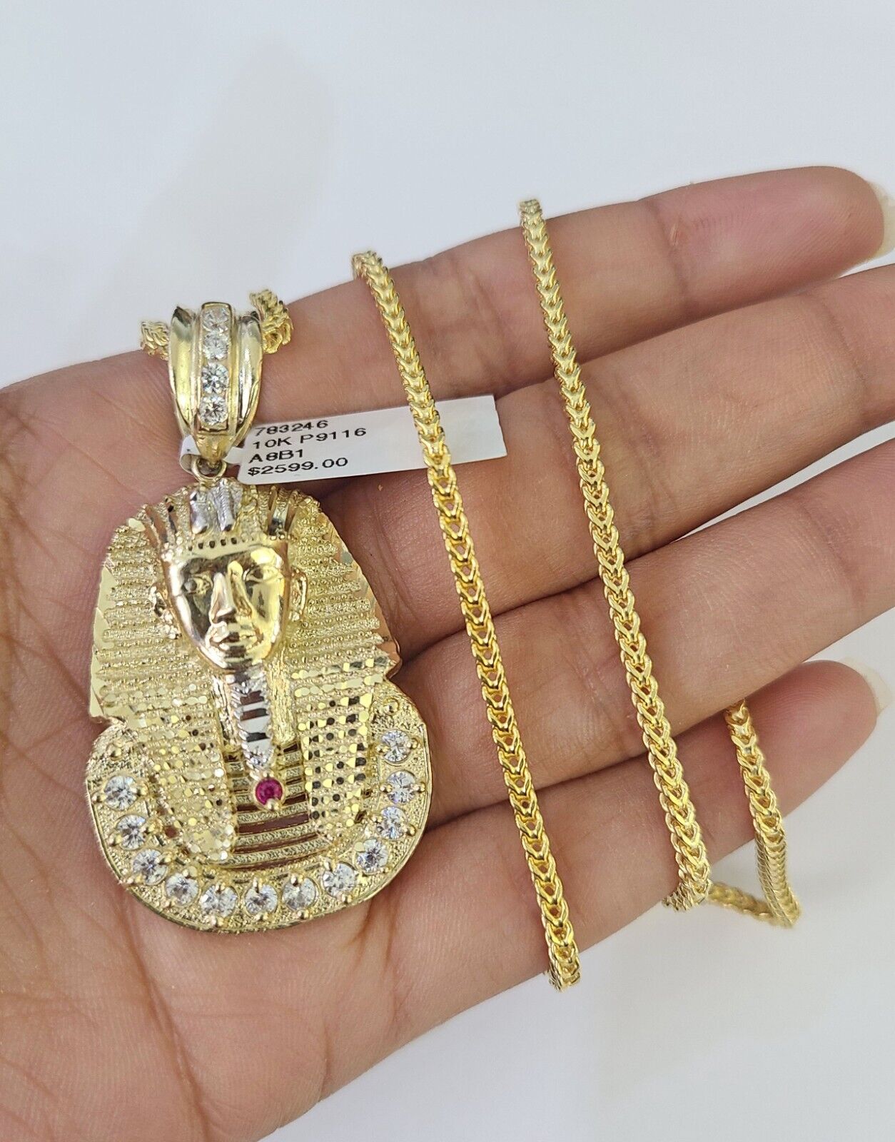 10K Franco Chain Pharaoh Head Pendant Charm Necklace 20" - 26" 2.5mm Yellow Gold - GoldenlinQ