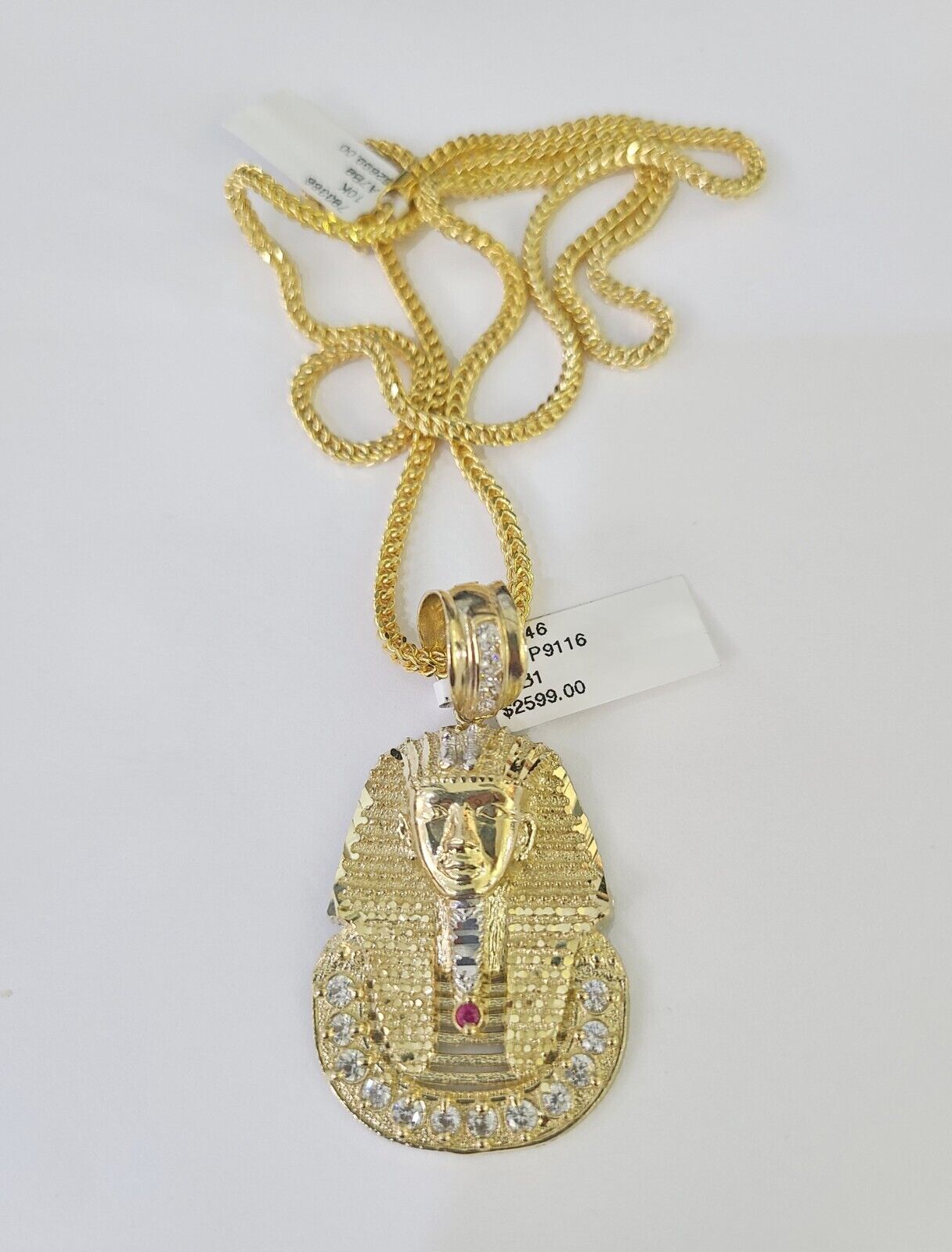 10K Franco Chain Pharaoh Head Pendant Charm Necklace 20" - 26" 2.5mm Yellow Gold - GoldenlinQ