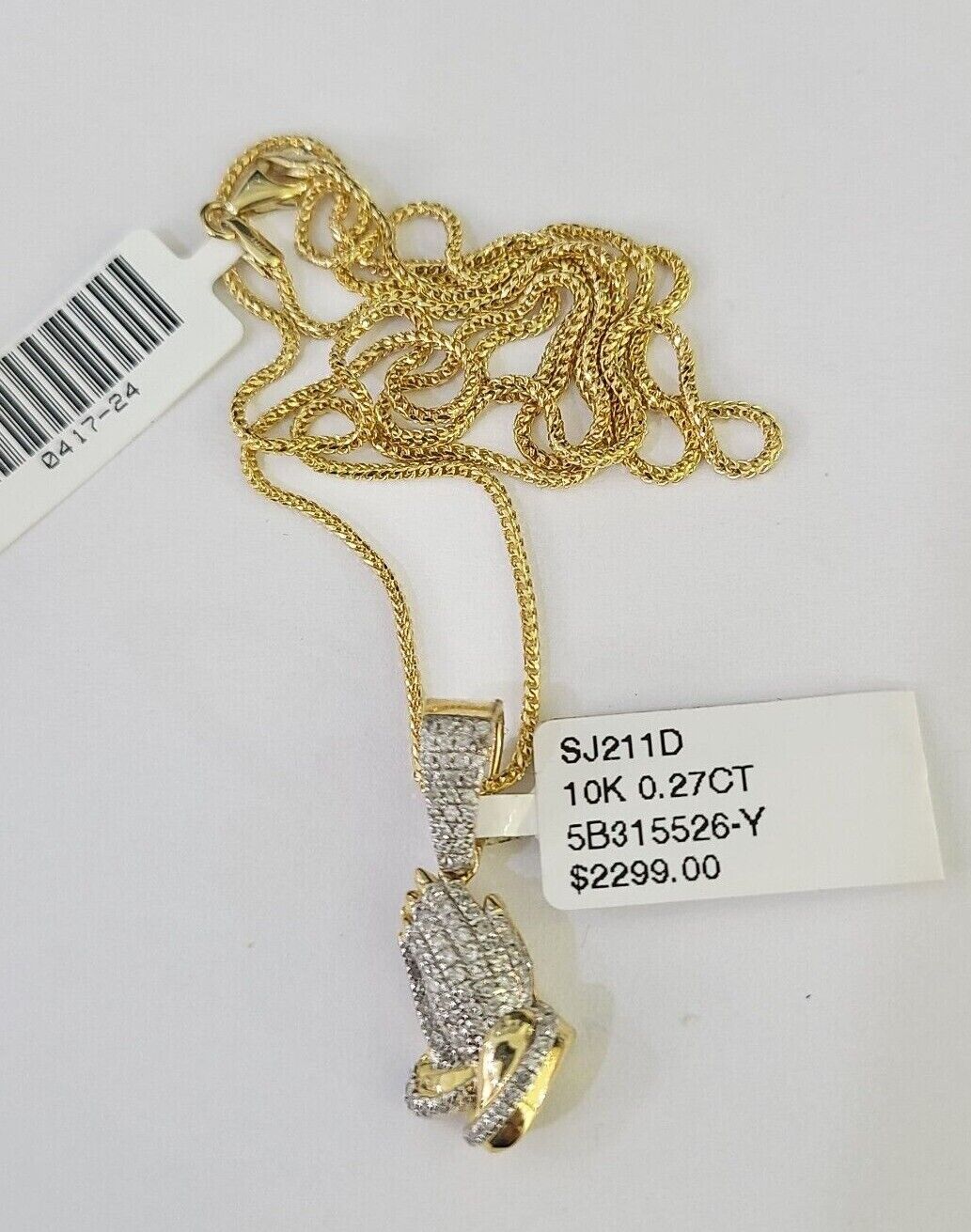 10K Franco Chain Praying Hands Pendant Diamond Necklace 16" - 22" 0.5mm Women - GoldenlinQ