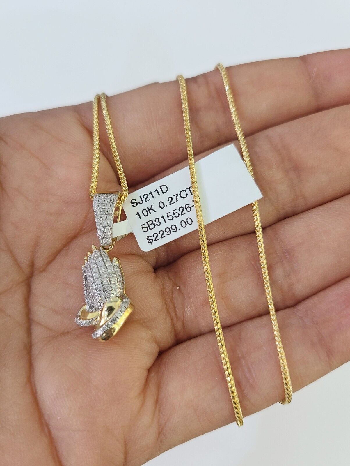 10K Franco Chain Praying Hands Pendant Diamond Necklace 16" - 22" 0.5mm Women - GoldenlinQ