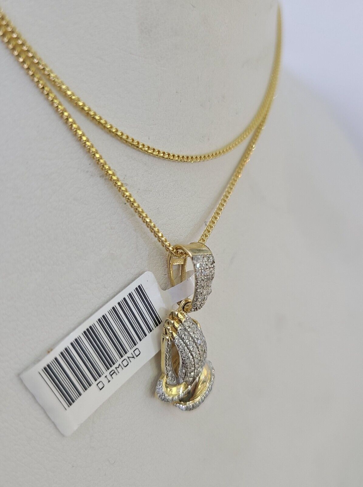 10K Franco Chain Praying Hands Pendant Diamond Necklace 16" - 22" 0.5mm Women - GoldenlinQ