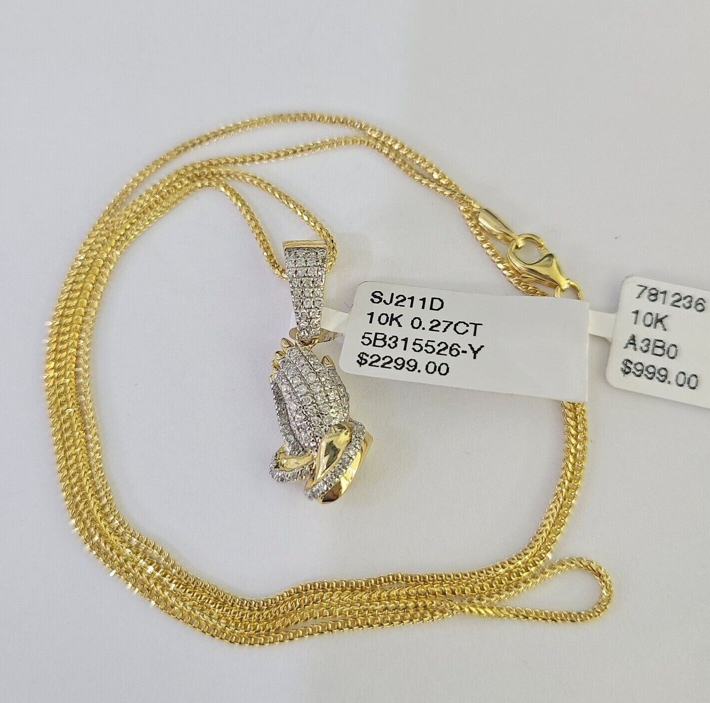 10K Franco Chain Praying Hands Pendant Diamond Necklace 16" - 22" 0.5mm Women - GoldenlinQ