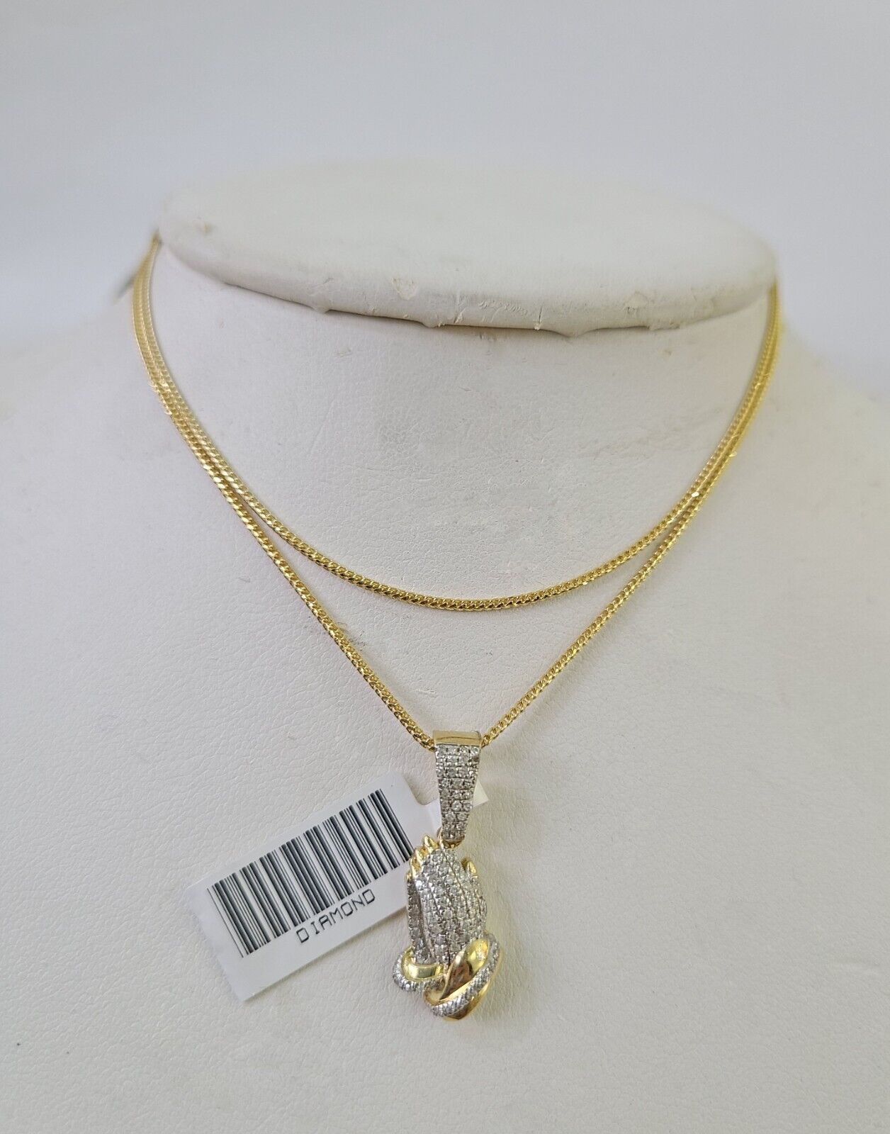 10K Franco Chain Praying Hands Pendant Diamond Necklace 16" - 22" 0.5mm Women - GoldenlinQ