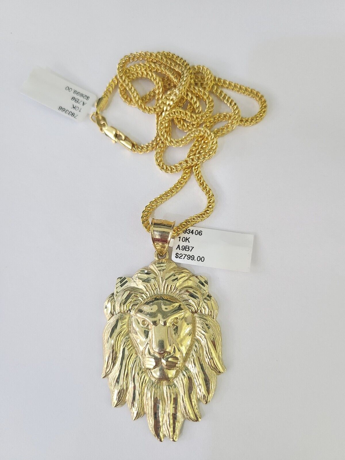 10K Franco Chain Roaring Lion Pendant Charm Necklace 20" - 26" 2.5mm Yellow Gold - GoldenlinQ