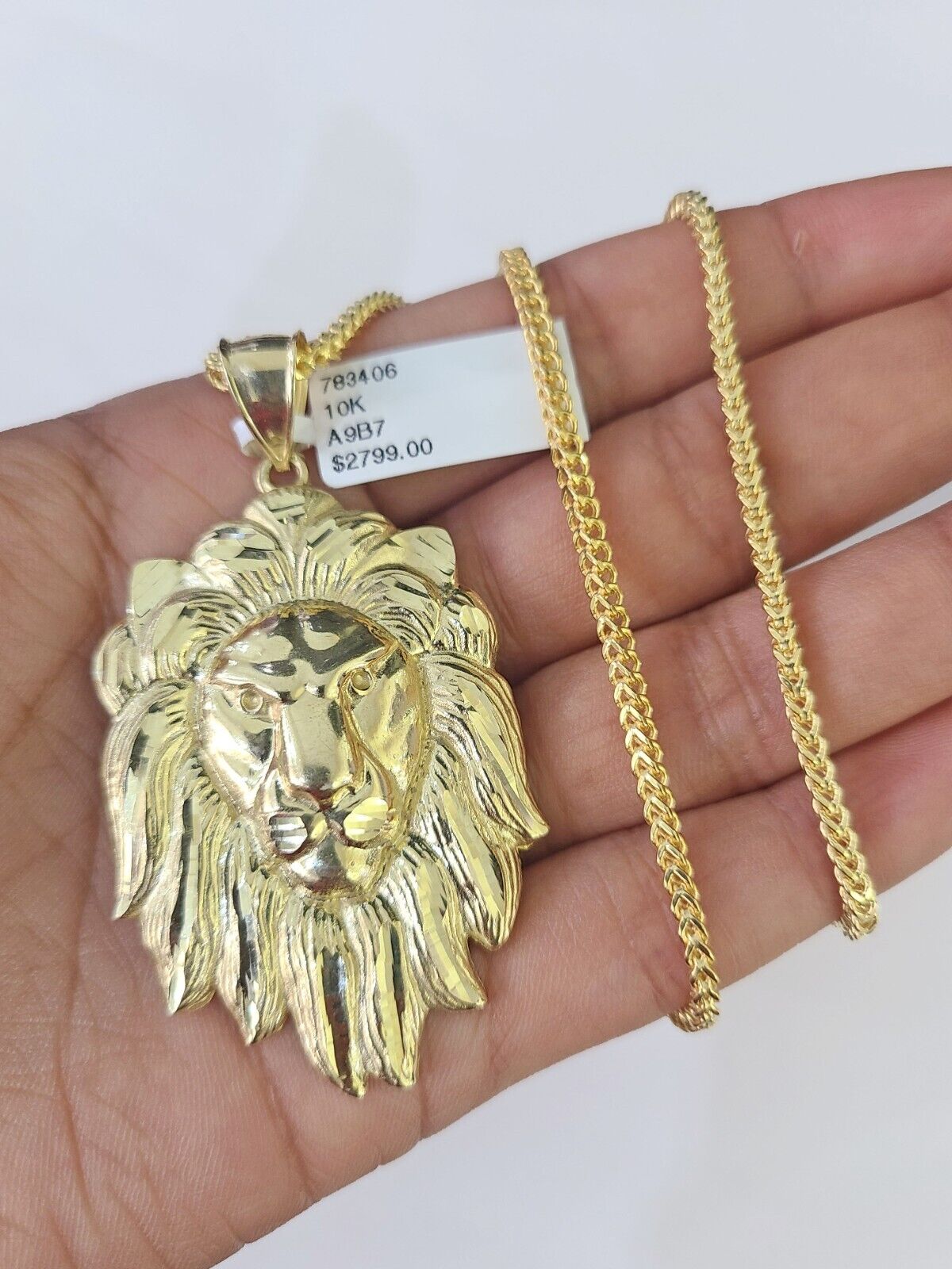 10K Franco Chain Roaring Lion Pendant Charm Necklace 20" - 26" 2.5mm Yellow Gold - GoldenlinQ