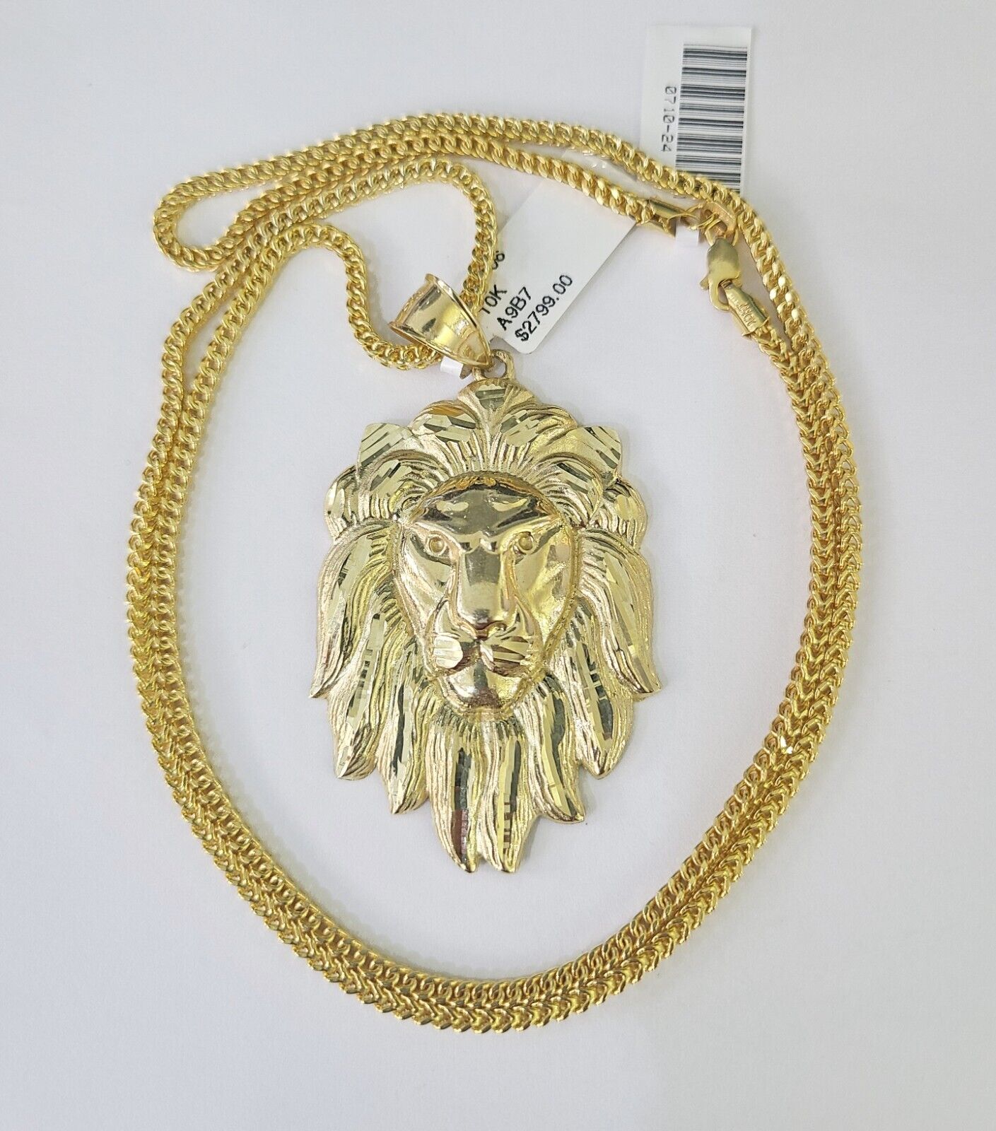 10K Franco Chain Roaring Lion Pendant Charm Necklace 20" - 26" 2.5mm Yellow Gold - GoldenlinQ