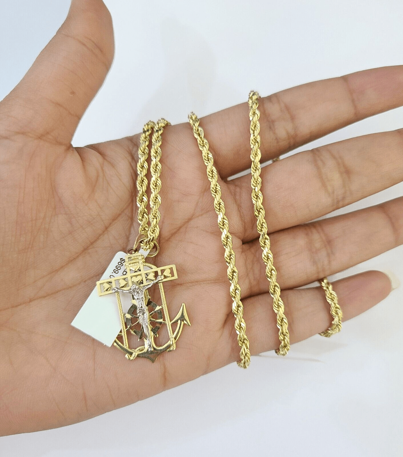 10k Gold Anchor Jesus Pendant Rope Chain 3mm 18'' Necklace Set Diamond Cut - GoldenlinQ