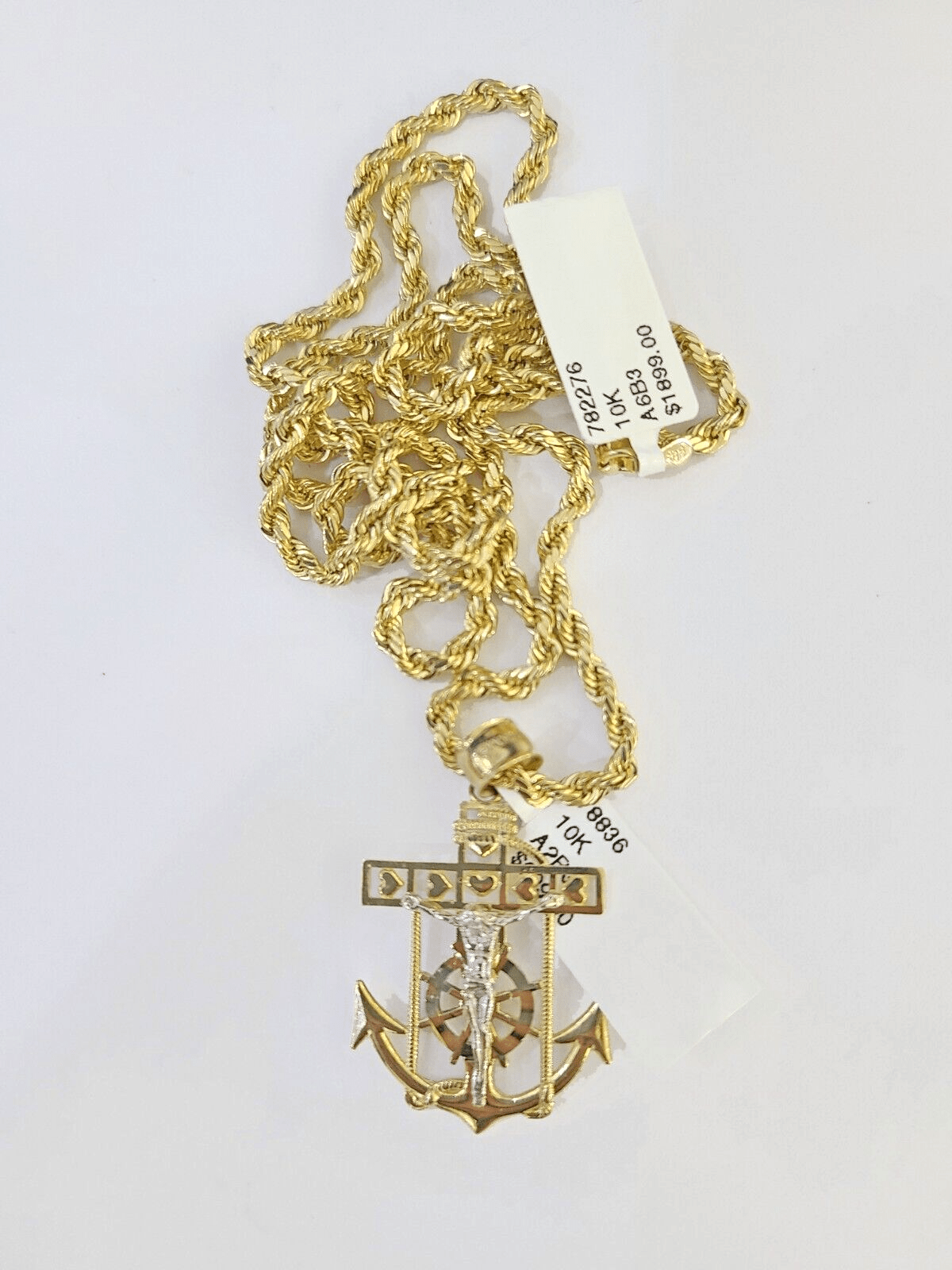 10k Gold Anchor Jesus Pendant Rope Chain 3mm 20'' Necklace Set Diamond Cut - GoldenlinQ