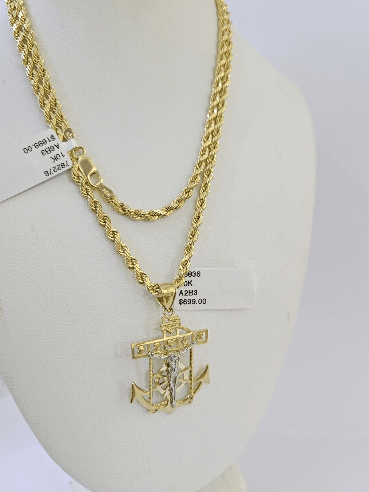 10k Gold Anchor Jesus Pendant Rope Chain 3mm 22'' Necklace Set Diamond Cut - GoldenlinQ