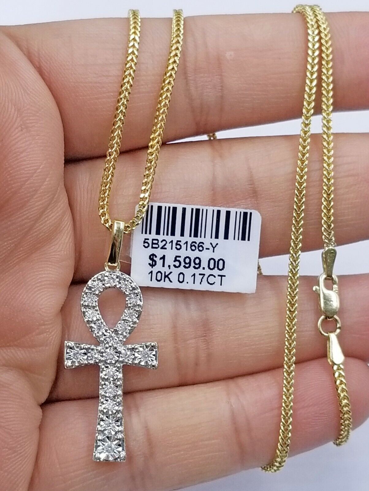 10k Gold Ankh Cross Charm Real Diamond 2mm Rope Chain 18" 20" 22" 24" 26" - GoldenlinQ