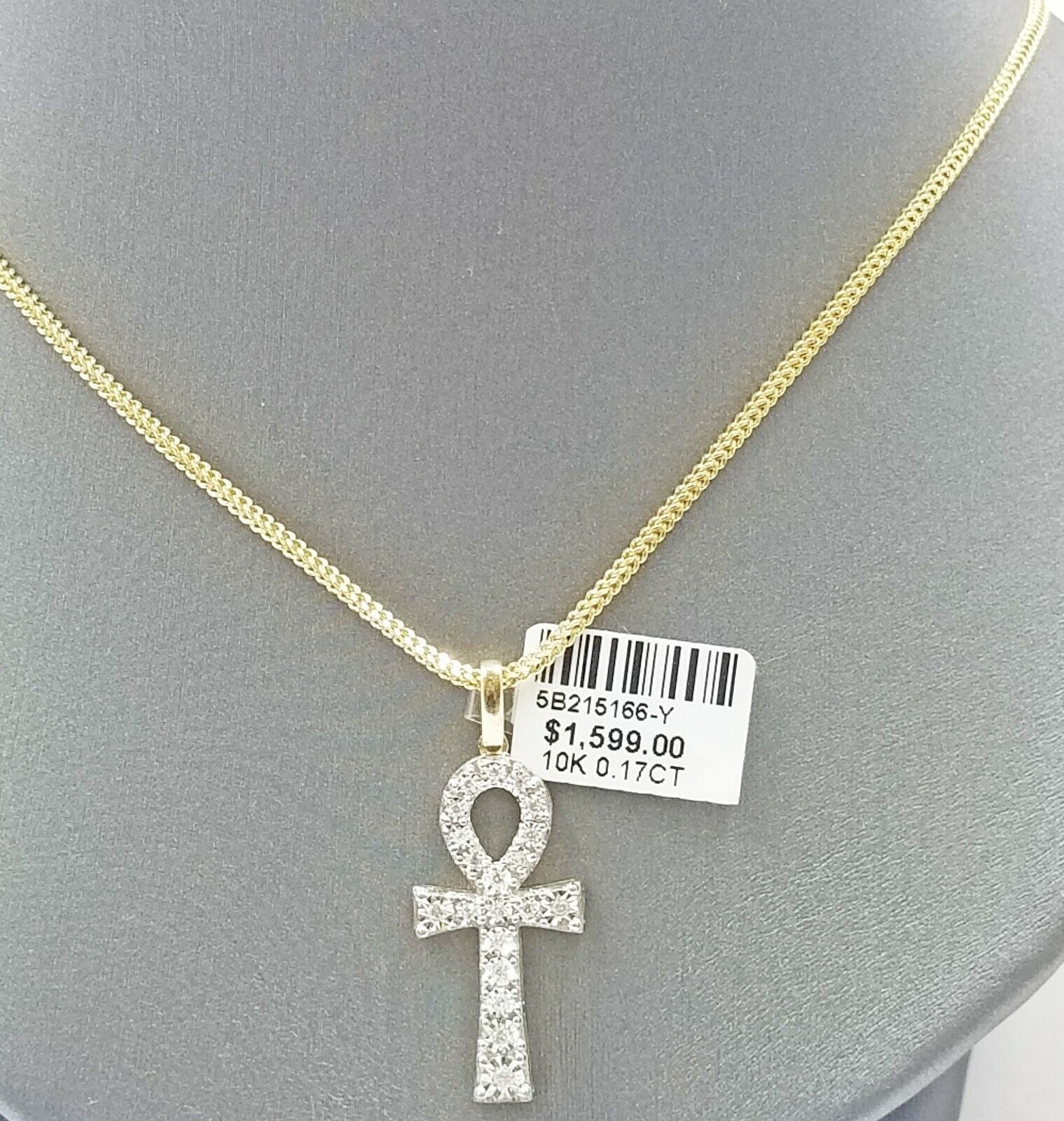 10k Gold Ankh Cross Charm Real Diamond 2mm Rope Chain 18" 20" 22" 24" 26" - GoldenlinQ