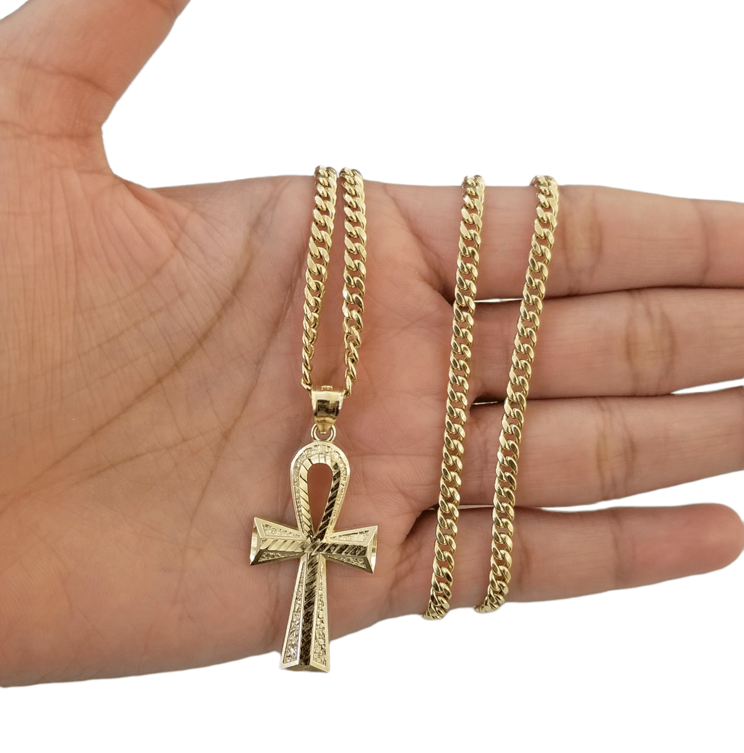 10K Gold Ankh Cross Egyptian Symbol Pendant Charm 4mm Cuban Link Chain 26" Inch - GoldenlinQ