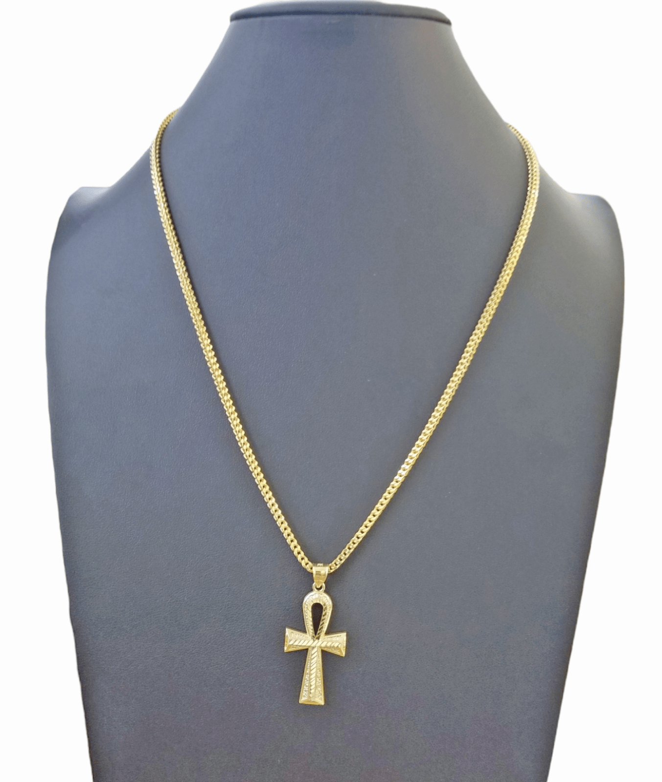 10K Gold Ankh Cross Egyptian Symbol Pendant Charm 4mm Franco Chain 22 Inch - GoldenlinQ