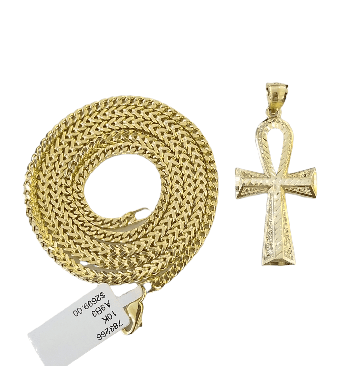 10K Gold Ankh Cross Egyptian Symbol Pendant Charm 4mm Franco Chain 22 Inch - GoldenlinQ