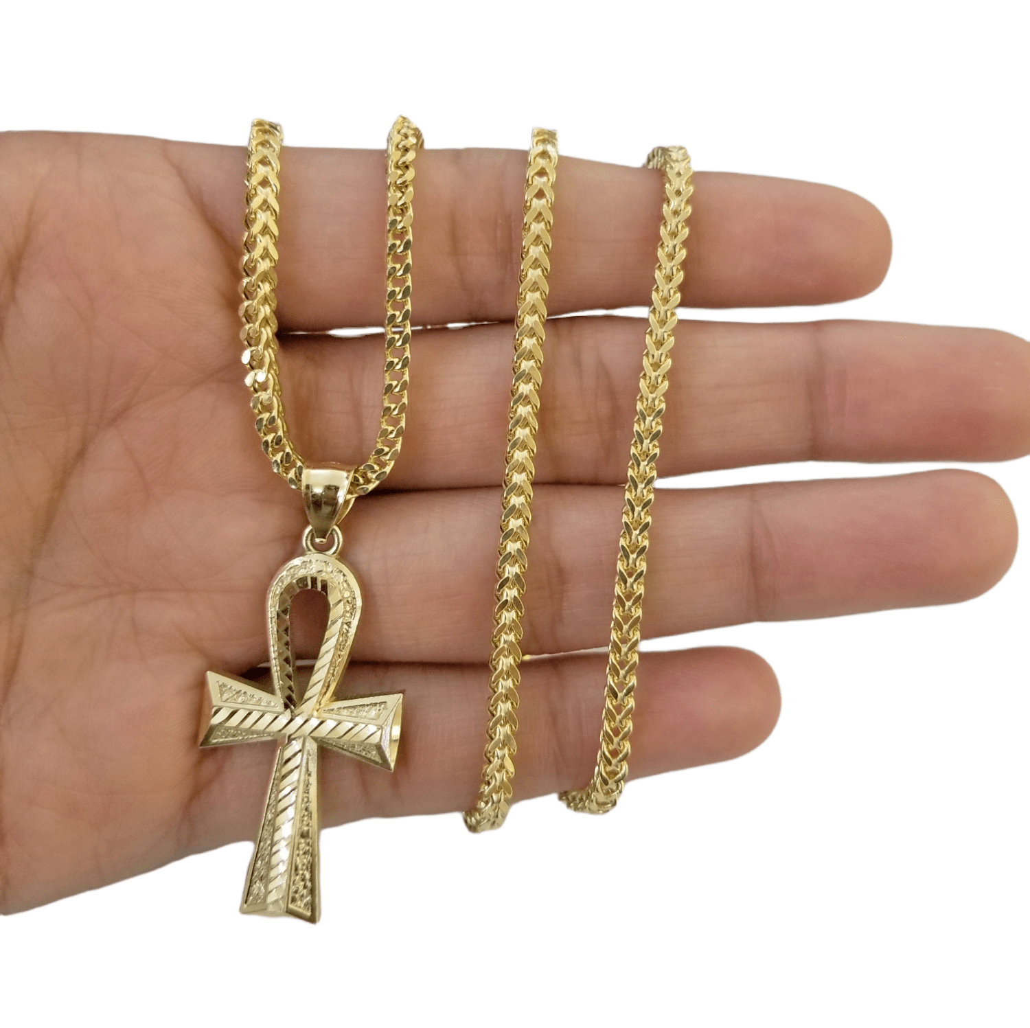 10K Gold Ankh Cross Egyptian Symbol Pendant Charm 4mm Franco Chain 22 Inch - GoldenlinQ
