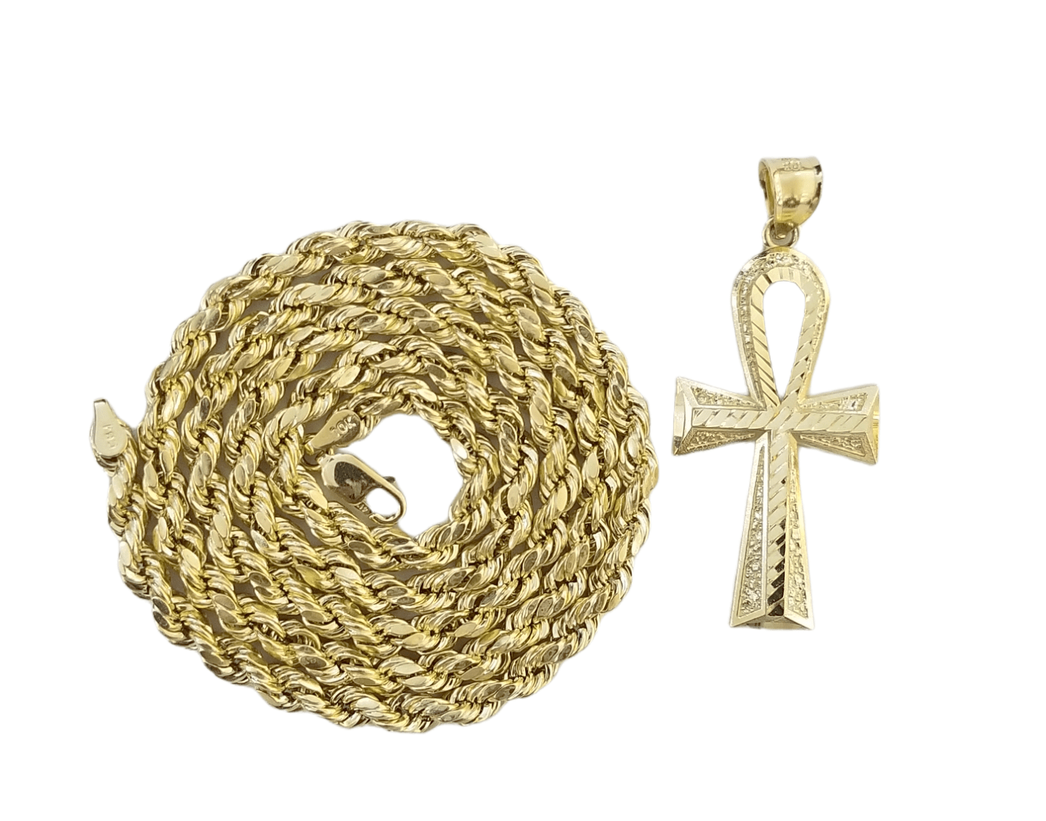 10K Gold Ankh Cross Egyptian Symbol Pendant Charm 4mm Rope Chain 20" Inch - GoldenlinQ