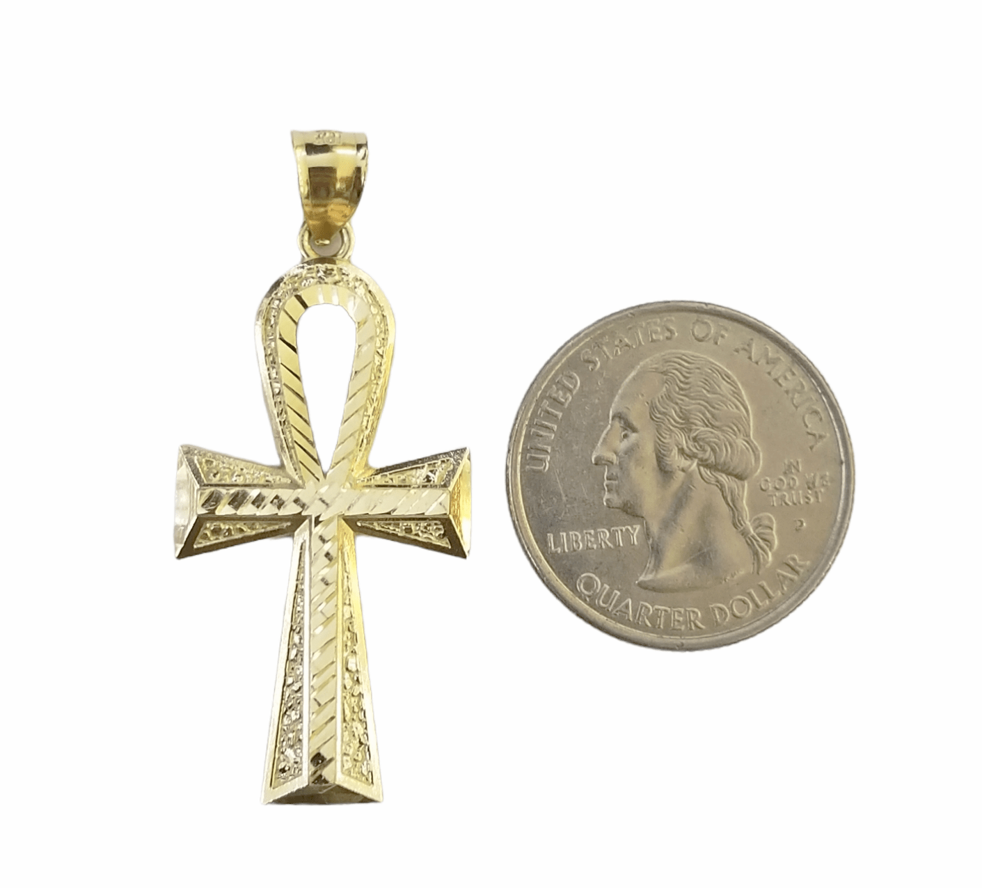 10K Gold Ankh Cross Egyptian Symbol Pendant Charm 4mm Rope Chain 20" Inch - GoldenlinQ