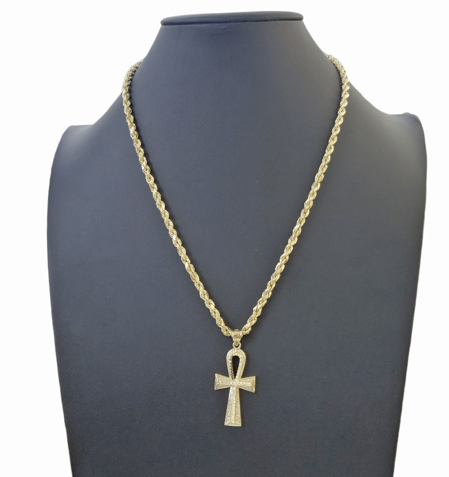10K Gold Ankh Cross Egyptian Symbol Pendant Charm 4mm Rope Chain 20" Inch - GoldenlinQ