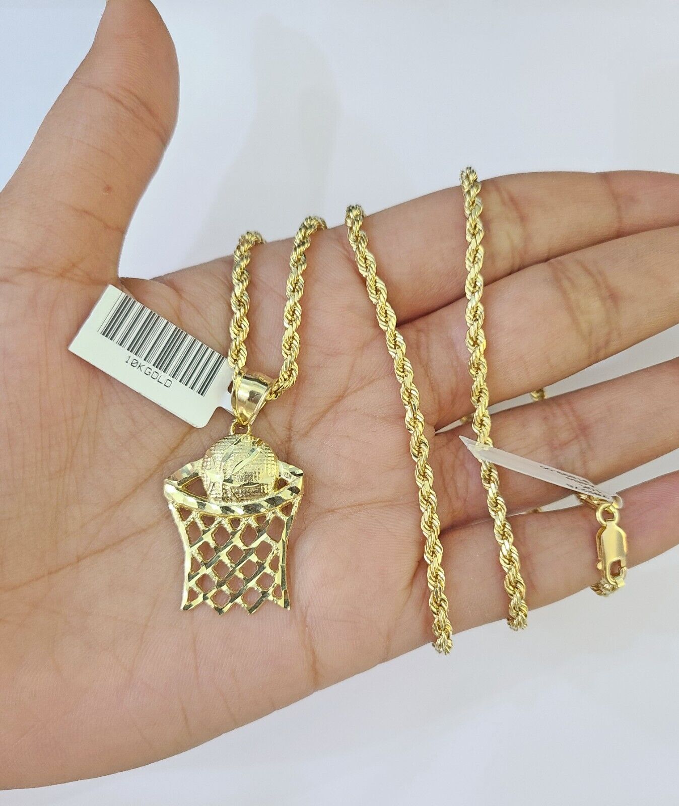 10k Gold Basketball Goal Pendant Rope Chain 3mm 18'' Necklace Set Yellow Genuine - GoldenlinQ