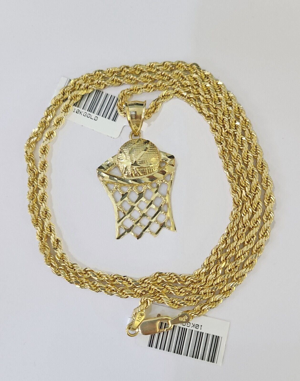 10k Gold Basketball Goal Pendant Rope Chain 3mm 18'' Necklace Set Yellow Genuine - GoldenlinQ