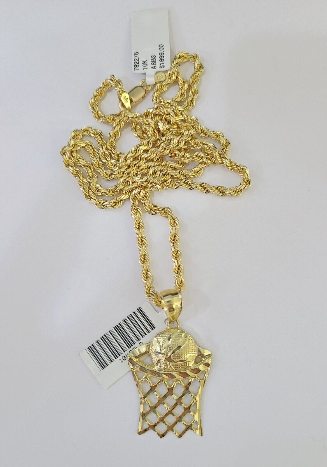 10k Gold Basketball Goal Pendant Rope Chain 3mm 26'' Necklace Set Yellow Genuine - GoldenlinQ
