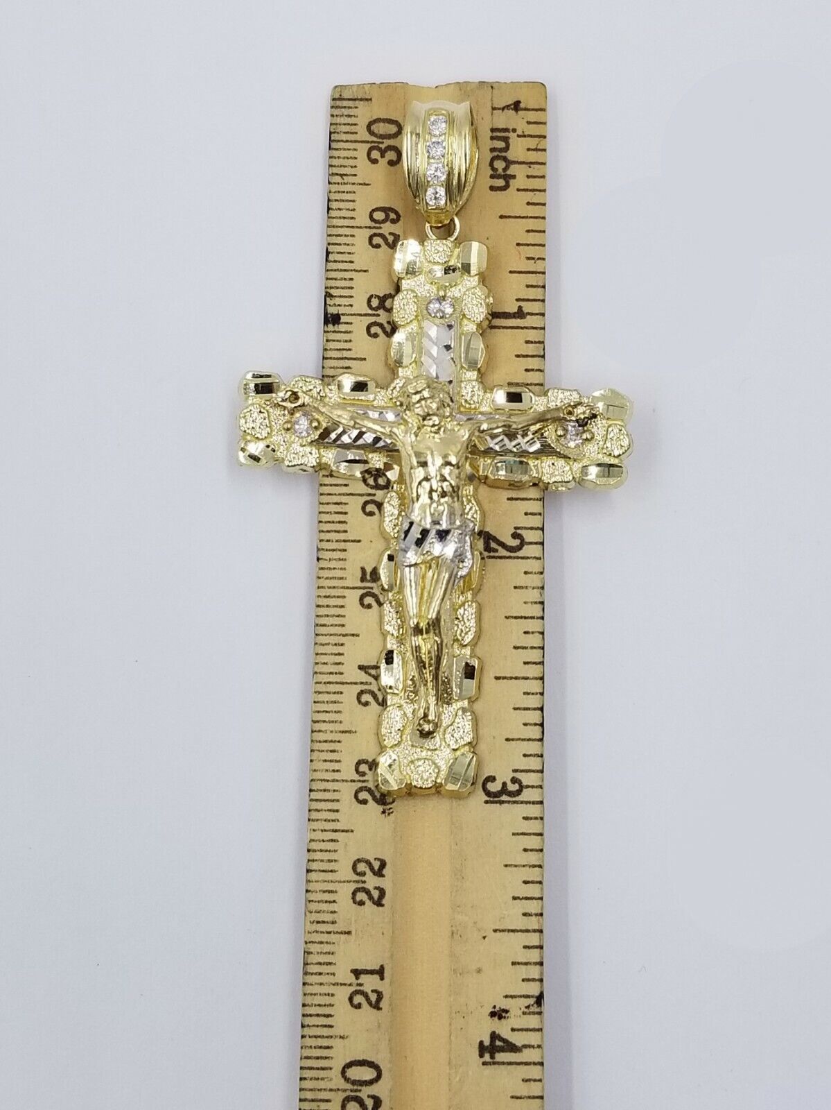 10k Gold Byzantine 24" Necklace Jesus Nugget Cross Pendant 3" Charm 5mm Chain - GoldenlinQ