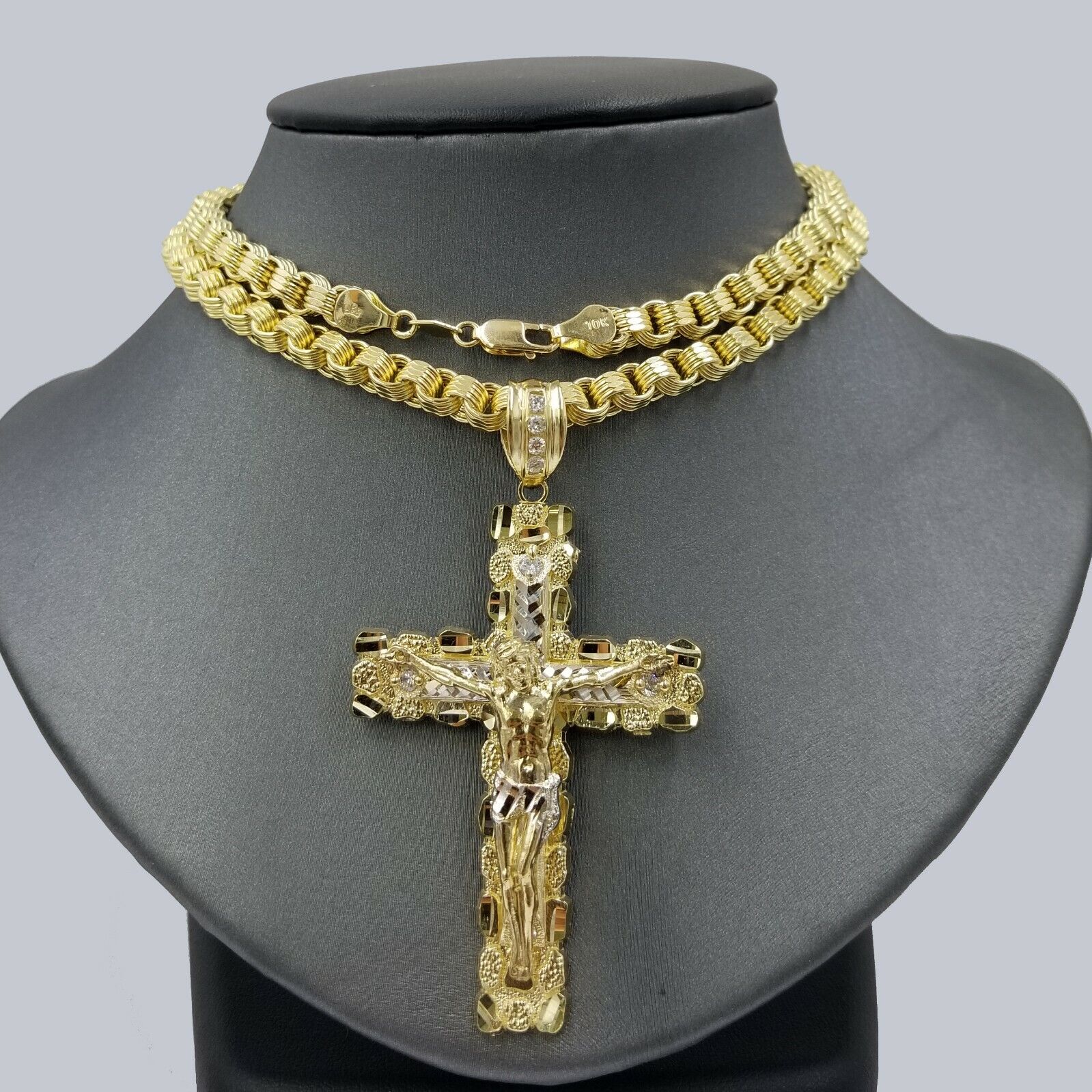 10k Gold Byzantine 24" Necklace Jesus Nugget Cross Pendant 3" Charm 5mm Chain - GoldenlinQ