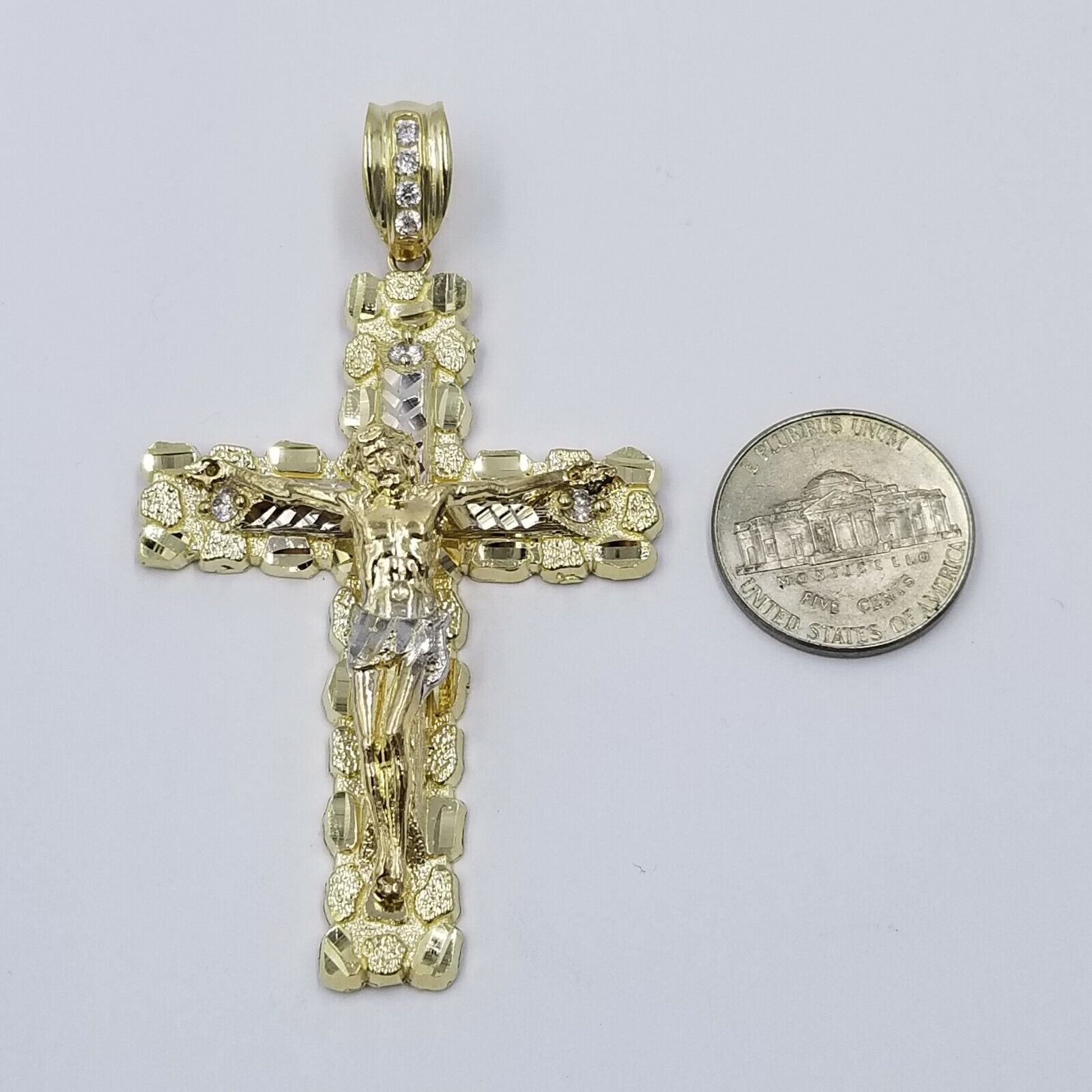10k Gold Byzantine 24" Necklace Jesus Nugget Cross Pendant 3" Charm 5mm Chain - GoldenlinQ
