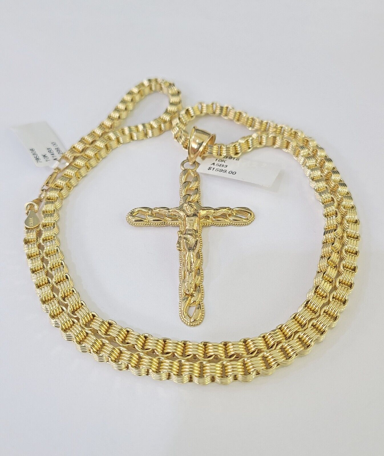 10k Gold Byzantine Box Necklace Jesus Cross Charm 18" - 26" SET Yellow Real - GoldenlinQ