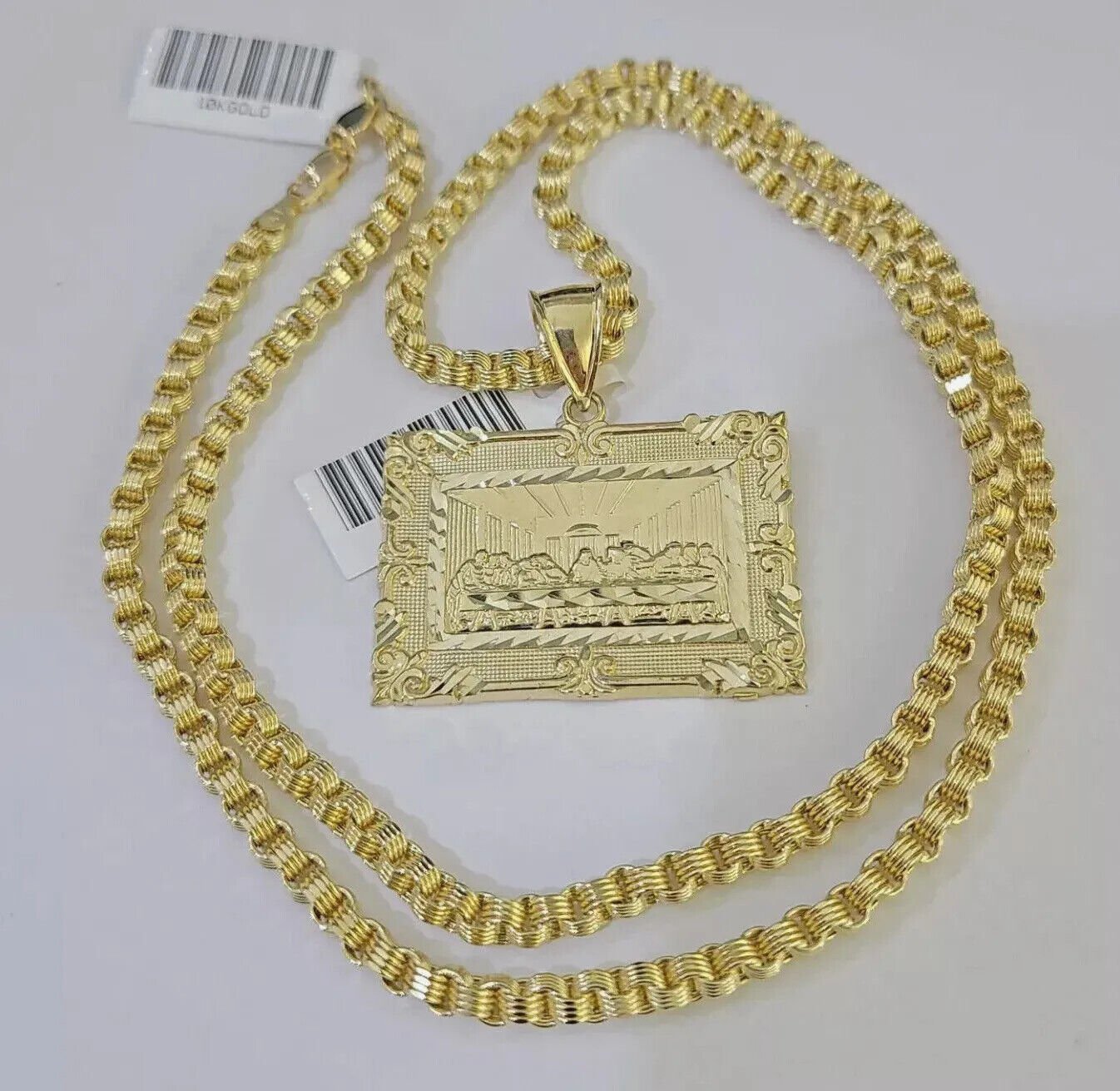10k Gold Byzantine Chain Necklace Last supper charm Pendant SET REAL 10kt Men's - GoldenlinQ
