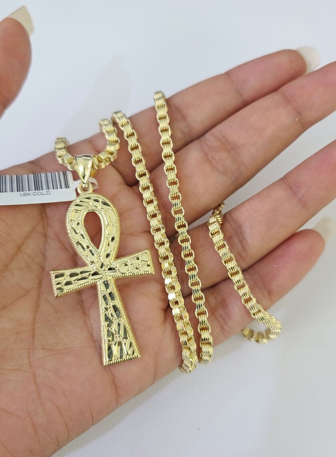 10k Gold Byzantine Necklace Ankh Cross Charm 18 - 28 inch 3mm SET Chain Pendant - GoldenlinQ