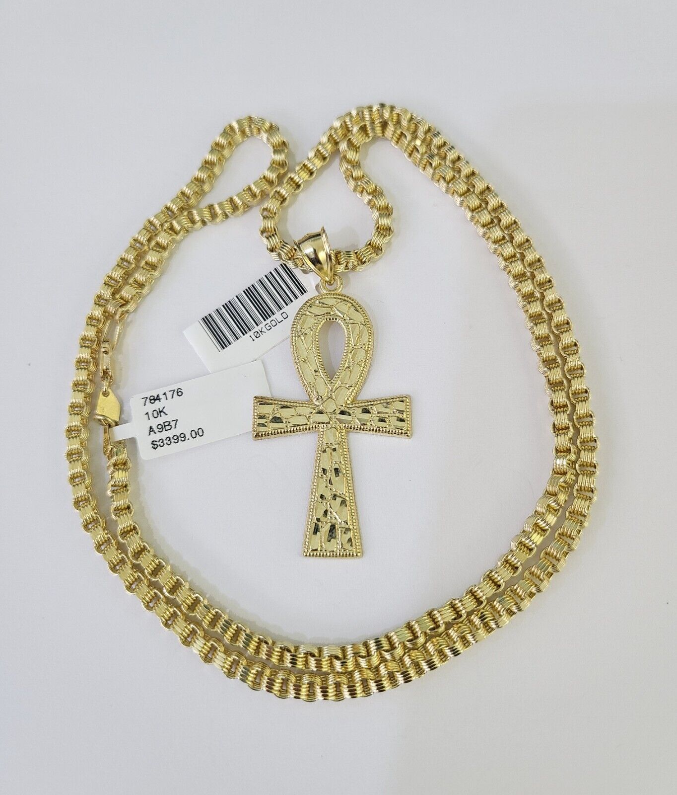10k Gold Byzantine Necklace Ankh Cross Charm 18 - 28 inch 3mm SET Chain Pendant - GoldenlinQ