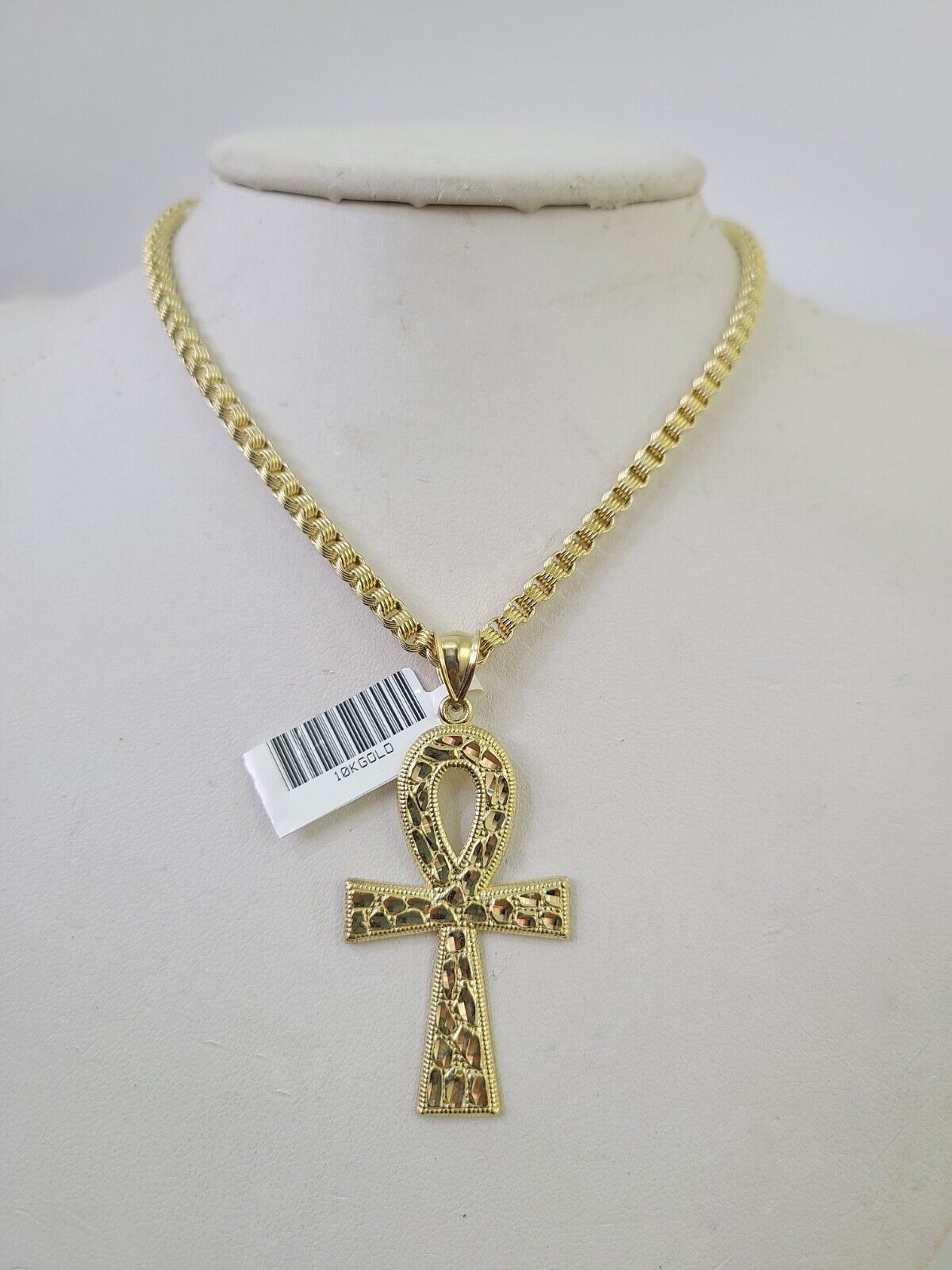 10k Gold Byzantine Necklace Ankh Cross Charm 18 - 28 inch 3mm SET Chain Pendant - GoldenlinQ
