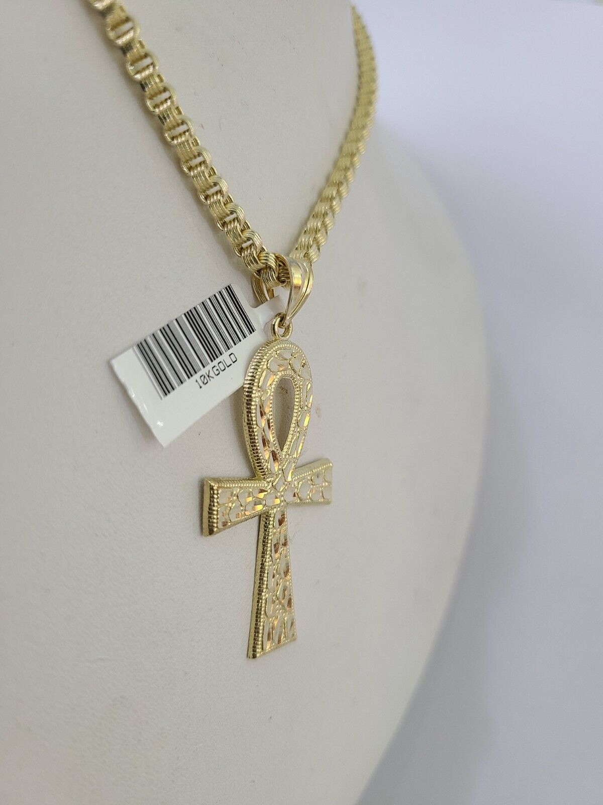 10k Gold Byzantine Necklace Ankh Cross Charm 18 - 28 inch 3mm SET Chain Pendant - GoldenlinQ